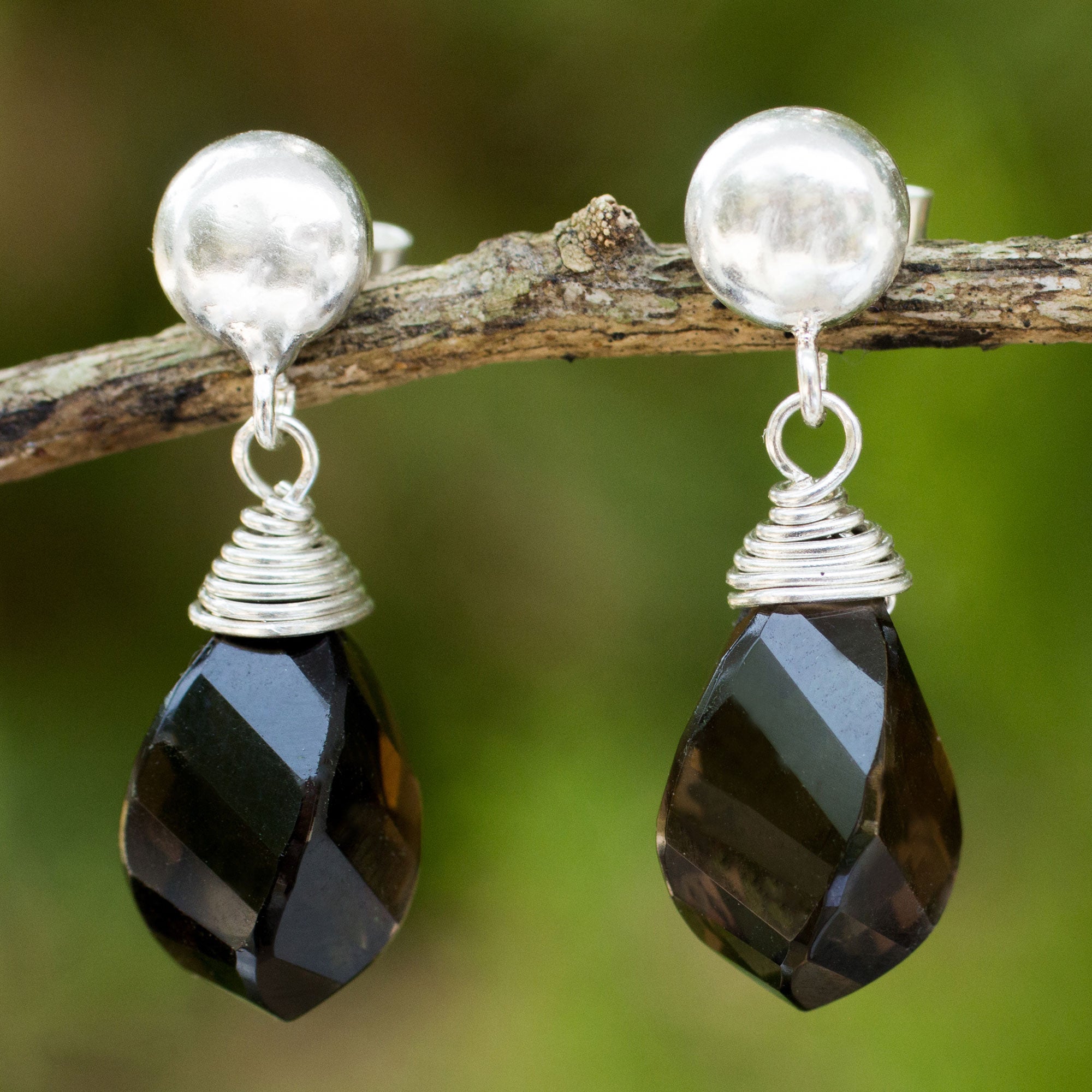 Premium Spiral Twist Smoky Quartz Dangle Earrings - Handcrafted in Chiang Mai