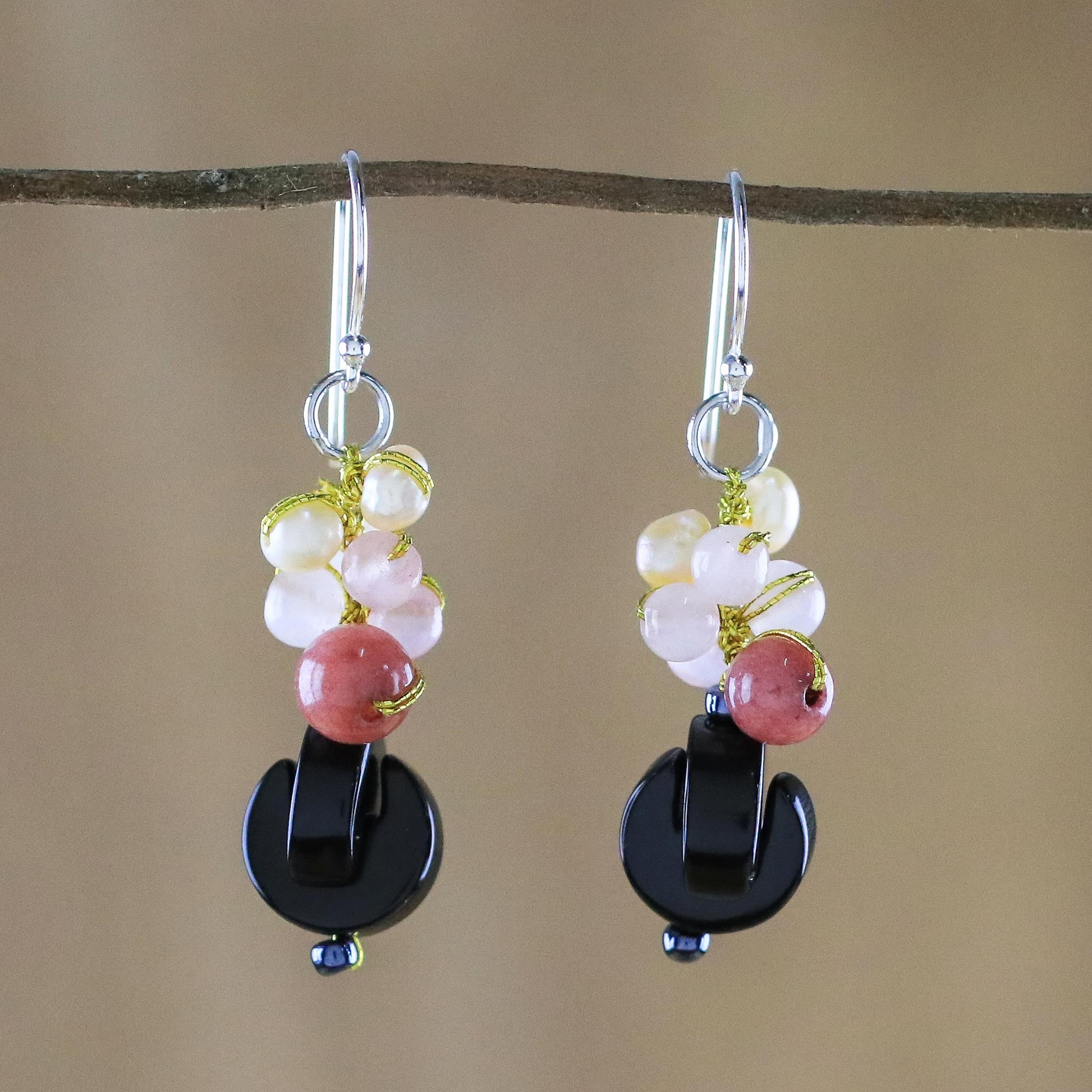 Premium Pink Onyx Multi-Gemstone Dangle Earrings - Handcrafted in Thailand