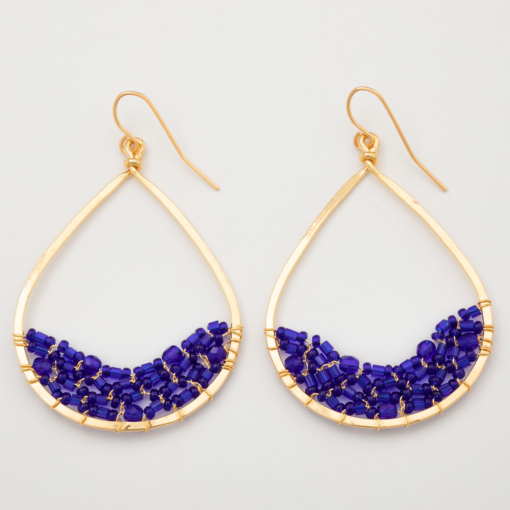 Premium Golden Hammered Teardrop Earrings with Colorful Beads