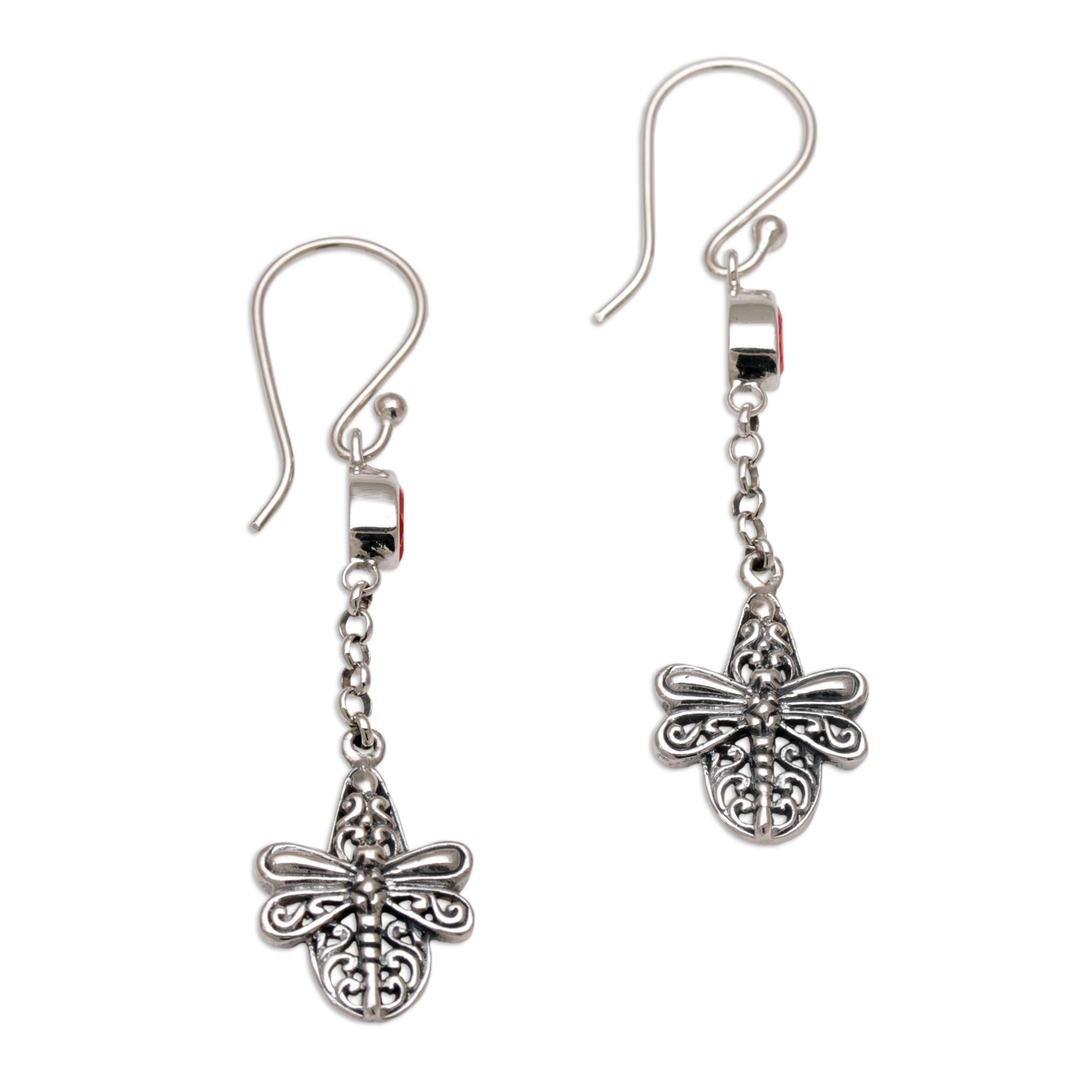 Premium Dragonfly Altar Earrings – Handmade 925 Sterling Silver with Garnet Accents