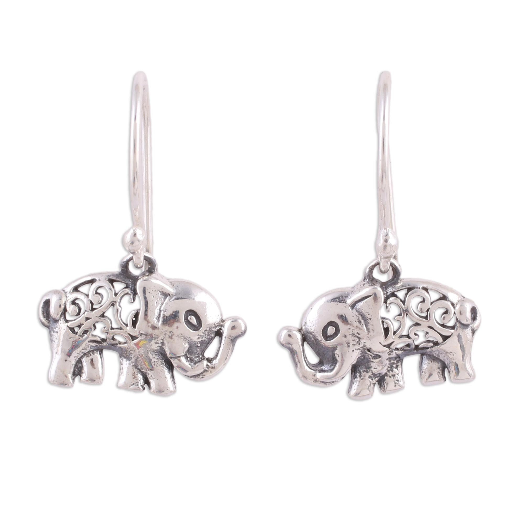 Premium Sterling Silver Elephant Dangle Earrings with Jali Motif