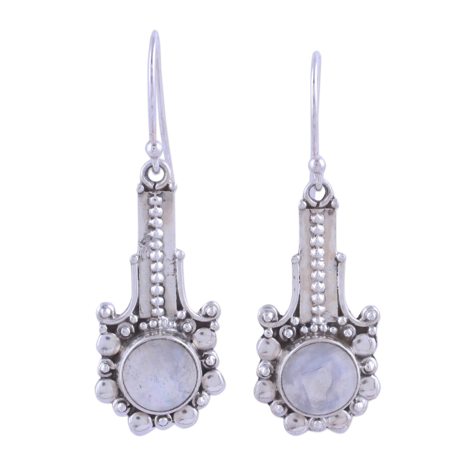 Premium Rainbow Moonstone Sterling Silver Dangle Earrings - Handcrafted in India