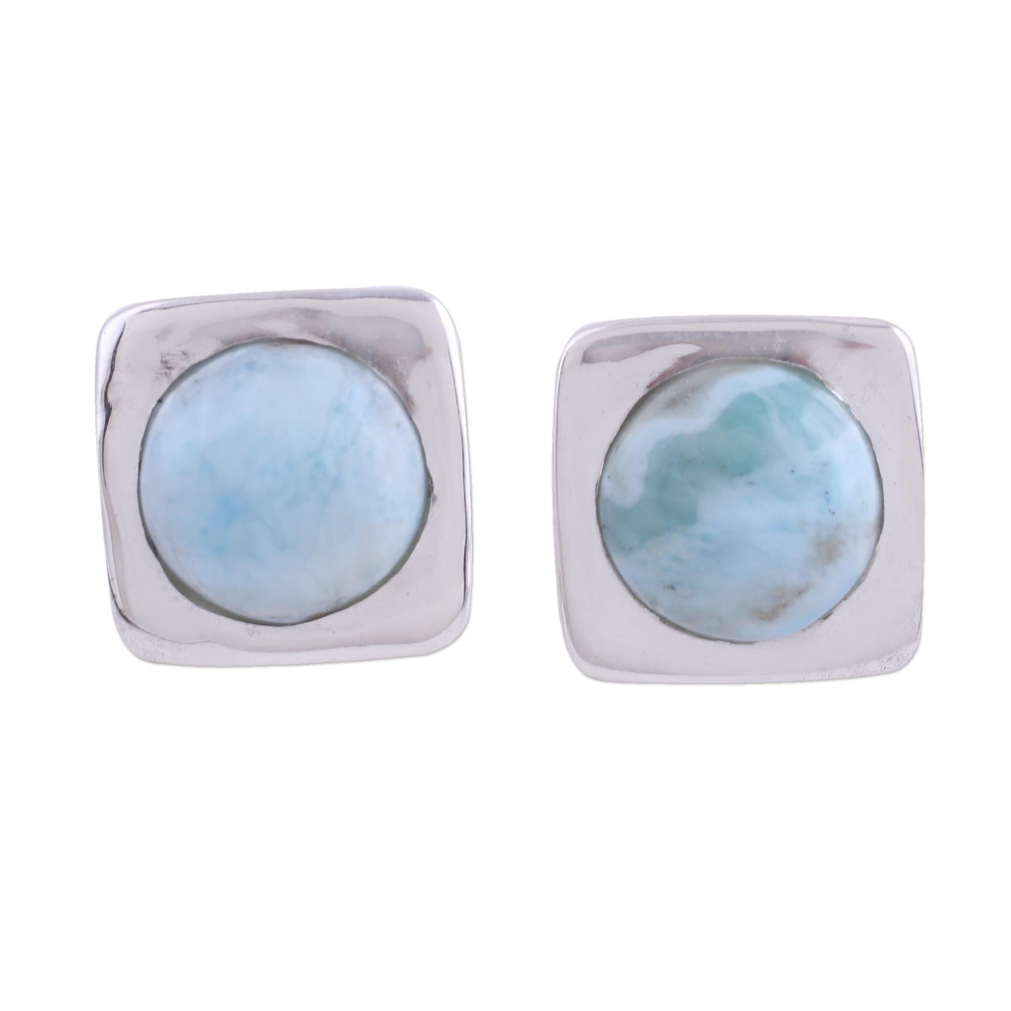 Premium Larimar & Sterling Silver Button Earrings - Caribbean Inspired Elegance