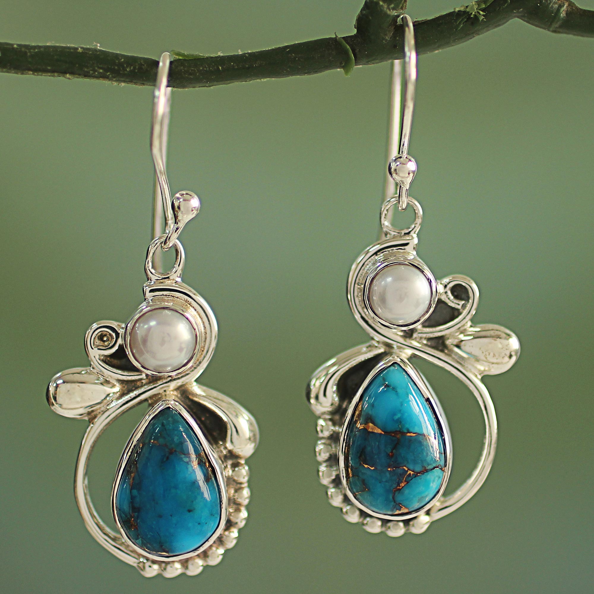 Premium Joyous Blue Sky Earrings – 925 Silver with Cultured Pearl & Turquoise