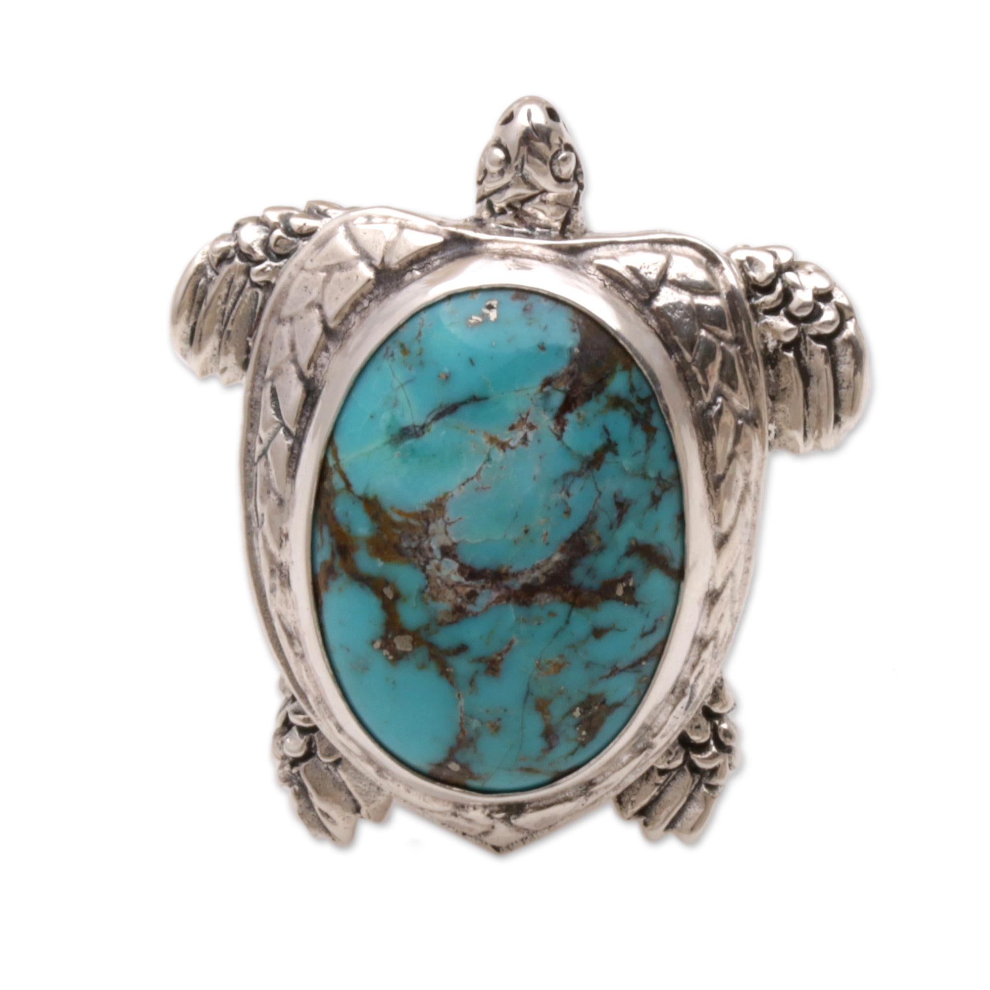 Premium Chelonia Turtle Men's Sterling Silver & Turquoise Ring – Ultimate Symbol of Wisdom