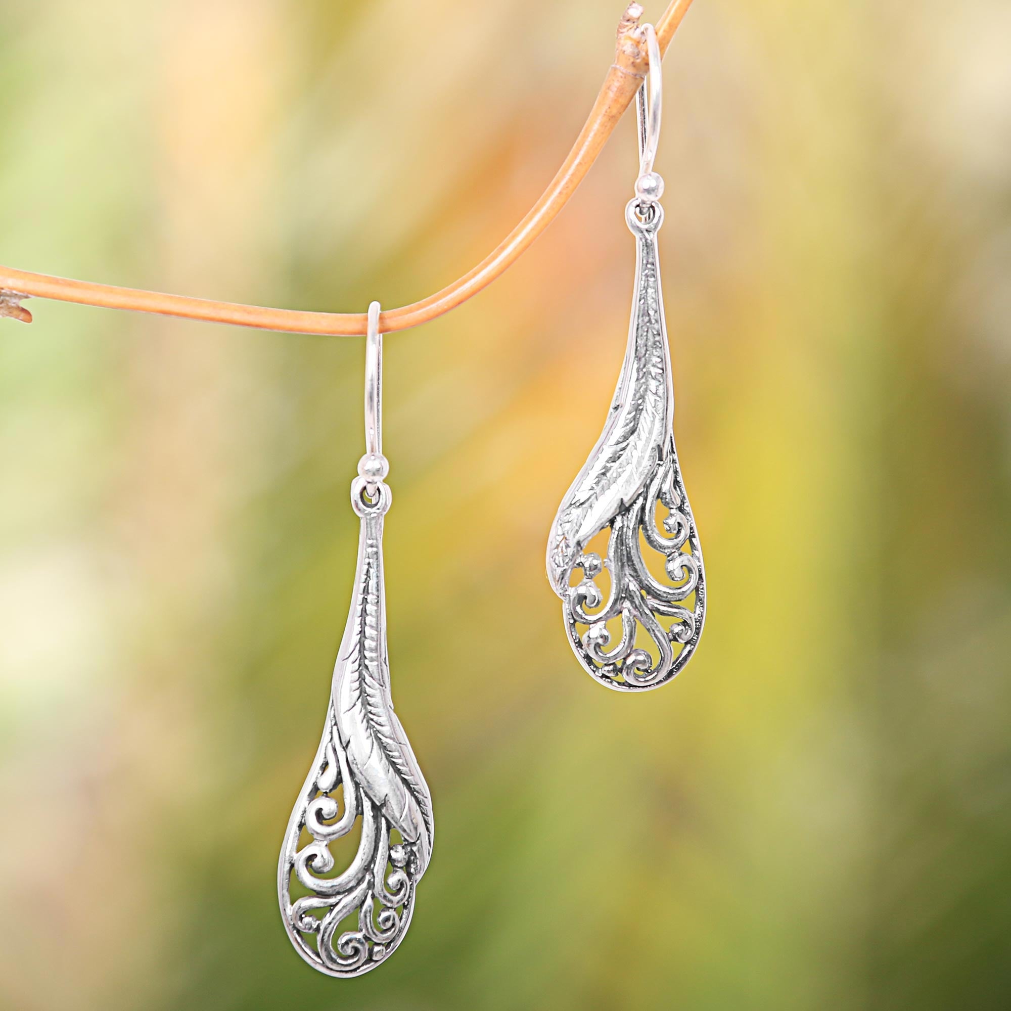 Premium Handcrafted Sterling Silver Peacock Feather Dangle Earrings - Elegant Indonesian Design