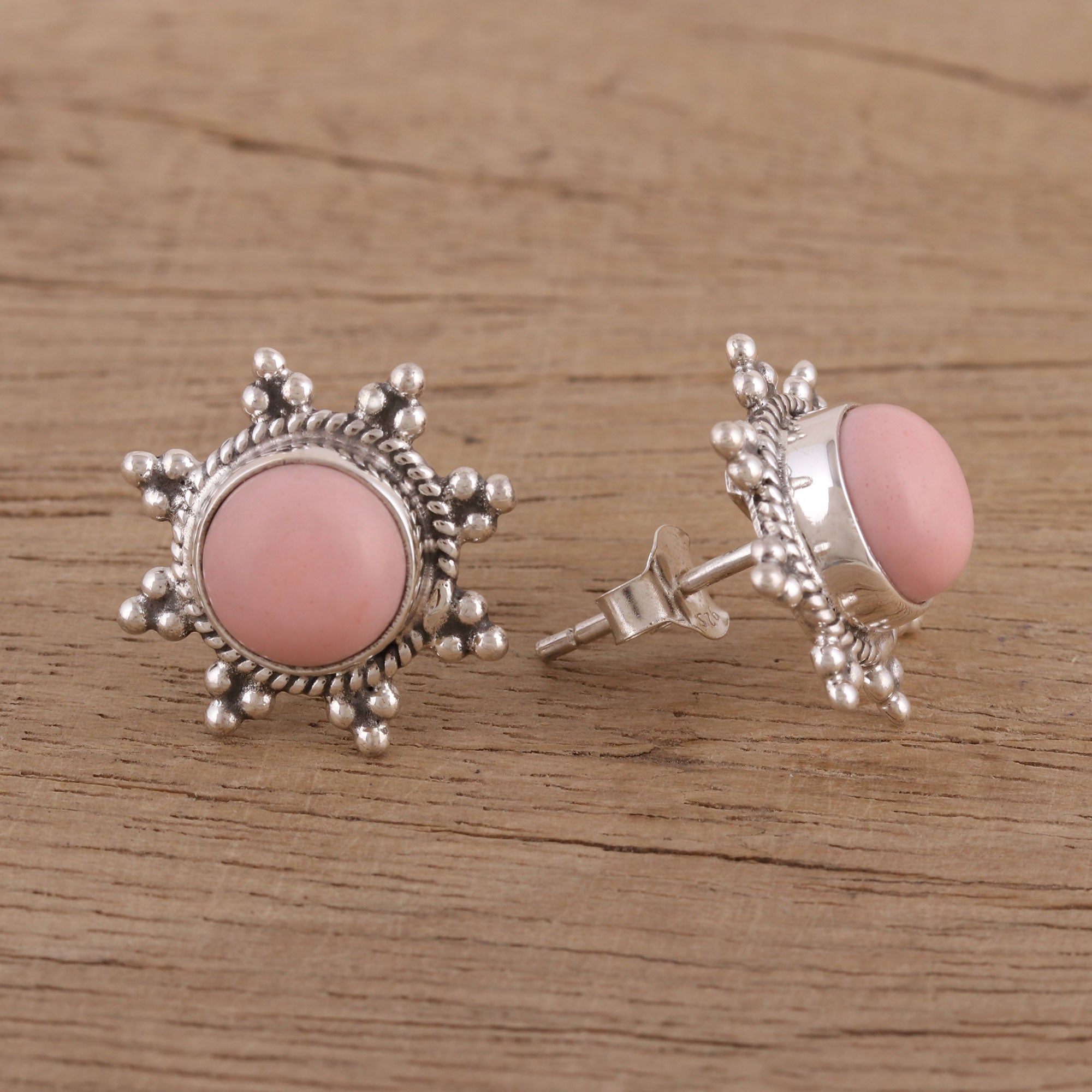 Premium Starry-Eyed Pink Opal Button Earrings in Sterling Silver