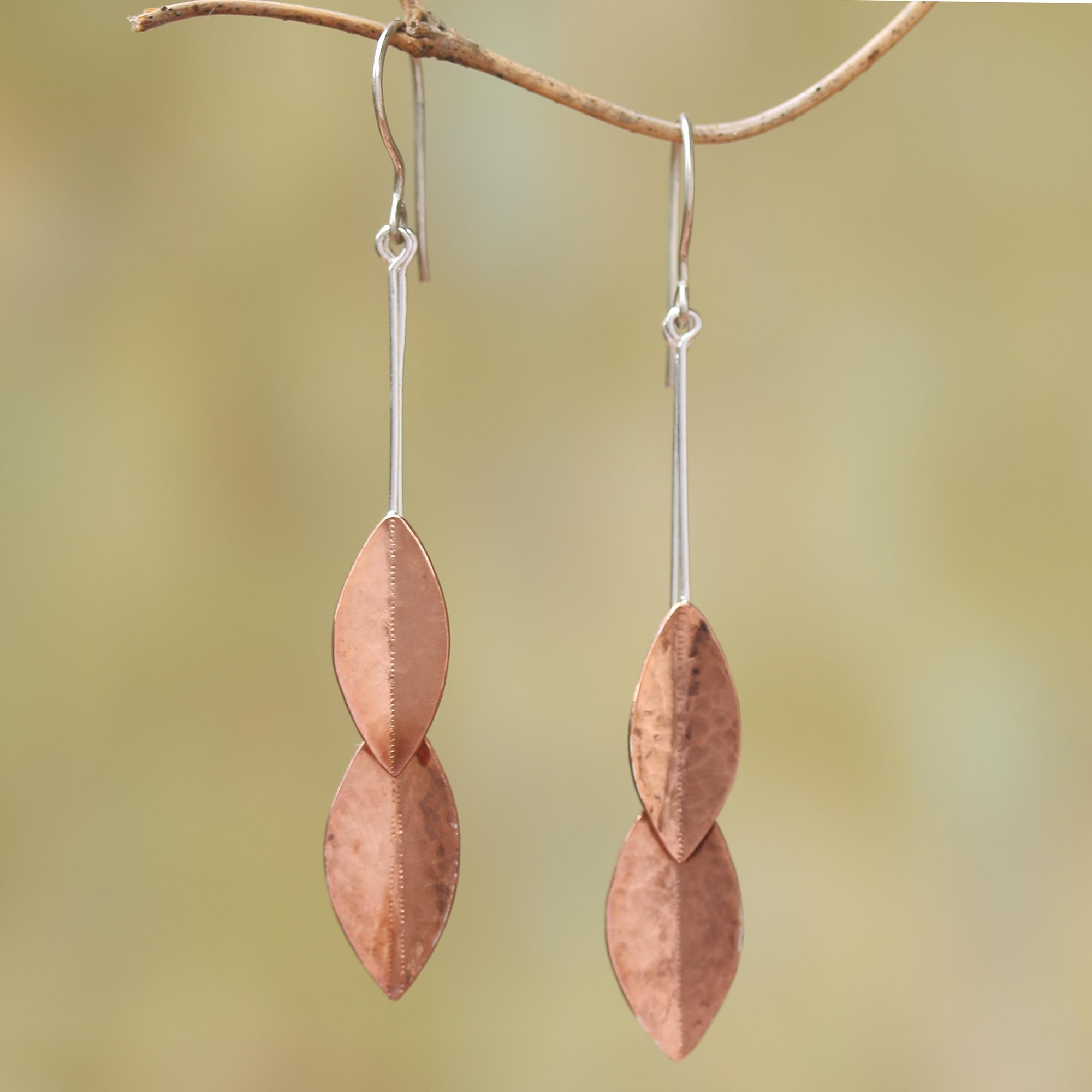 Premium Rose Gold Accent Sterling Silver Leaf Dangle Earrings