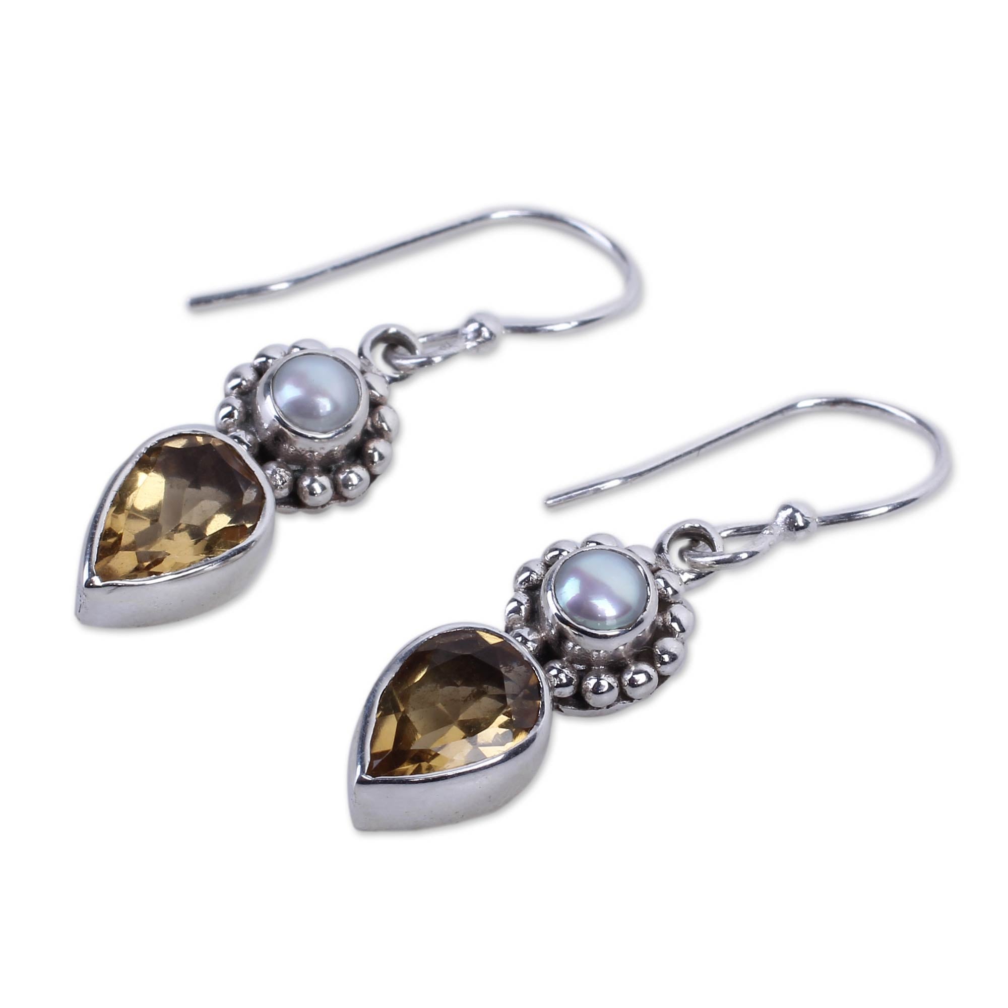 Premium Mughal-Inspired Sterling Silver Earrings with Citrine & Cultured Pearl