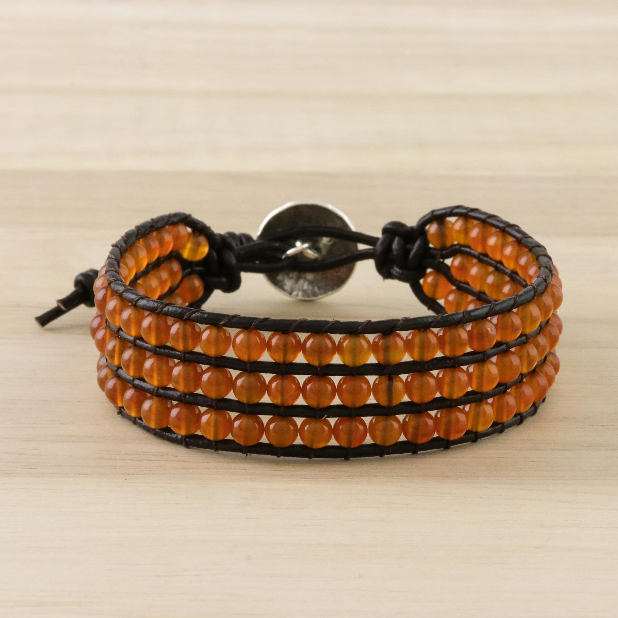 Premium Carnelian Bead & Karen Silver Button Adjustable Leather Bracelet