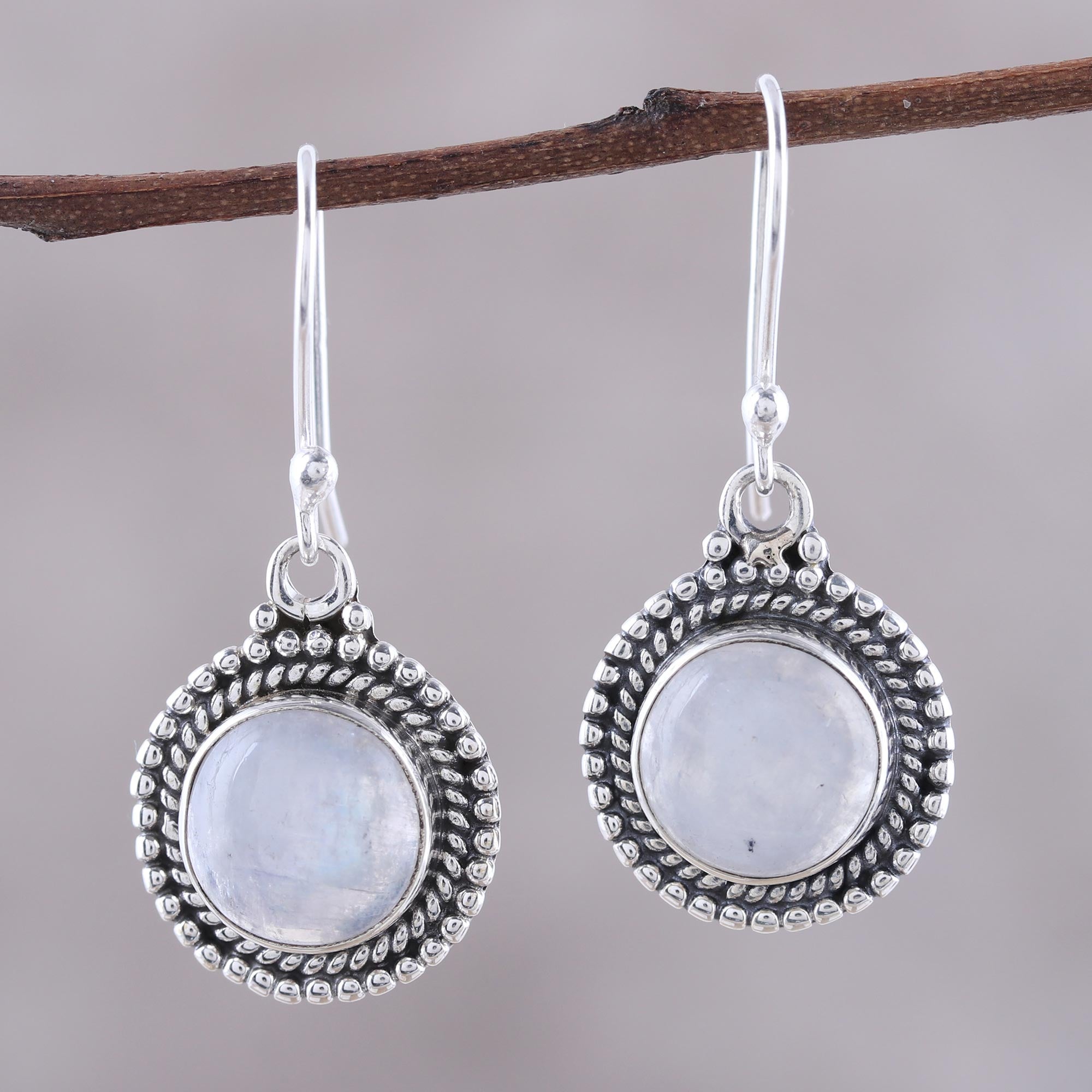 Premium Moonlight Dots Rainbow Moonstone Dangle Earrings - Handcrafted in India