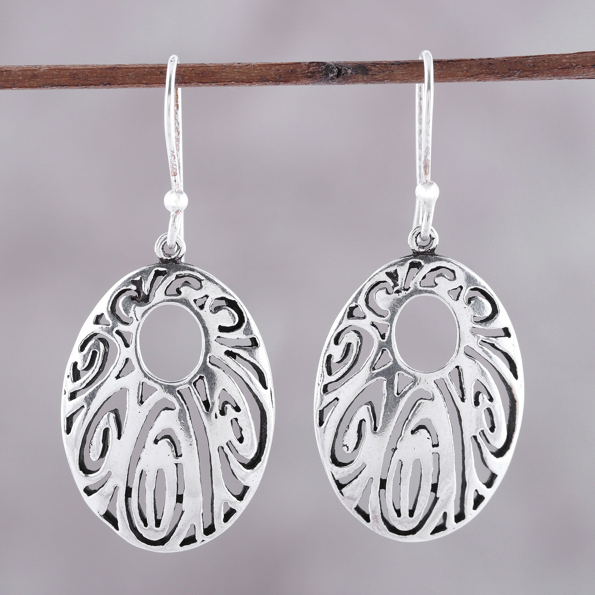 Premium Elliptical Sterling Silver Dangle Earrings – Elegant Openwork Design