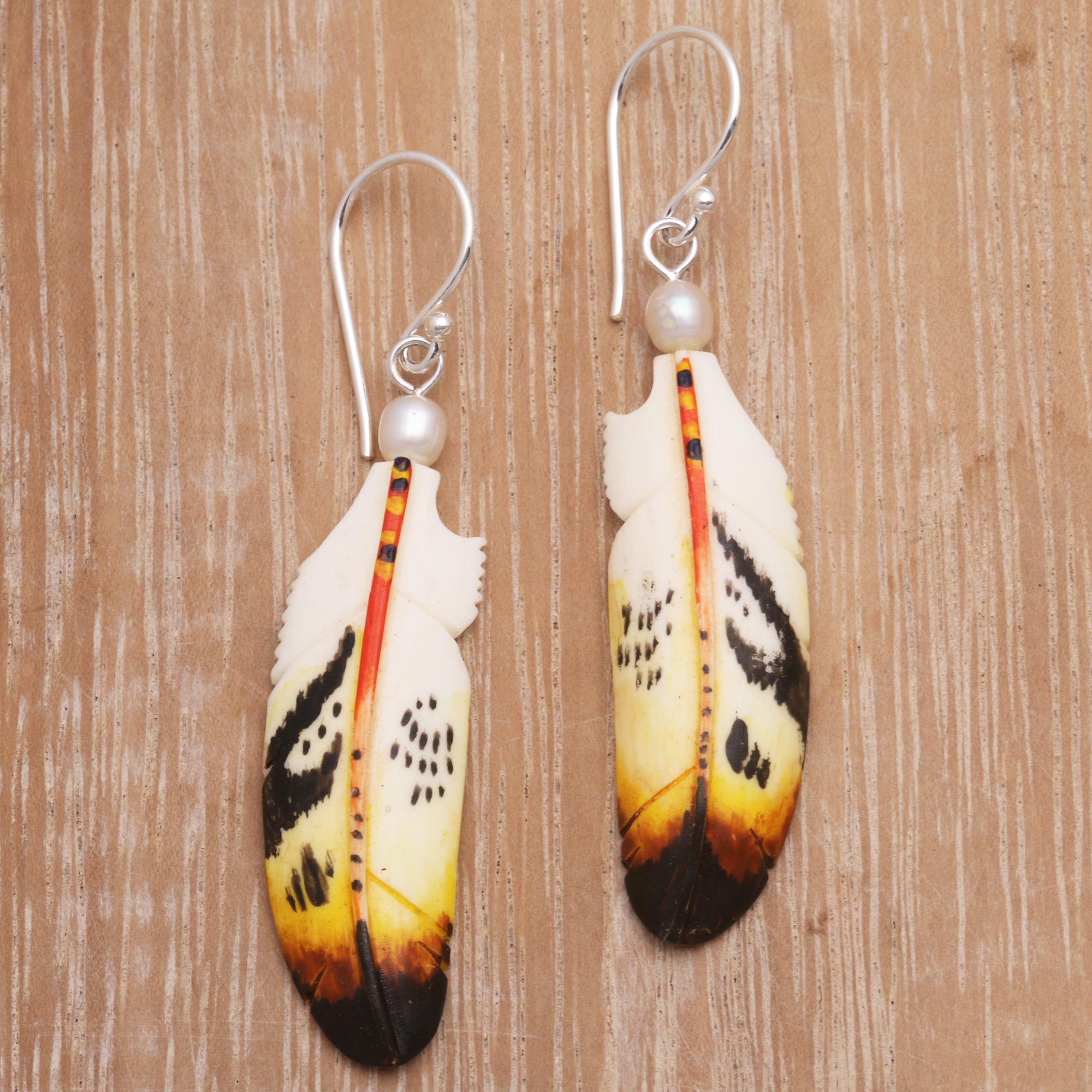 Premium Bali Handcrafted Feather Dangle Earrings with Cultured Pearls