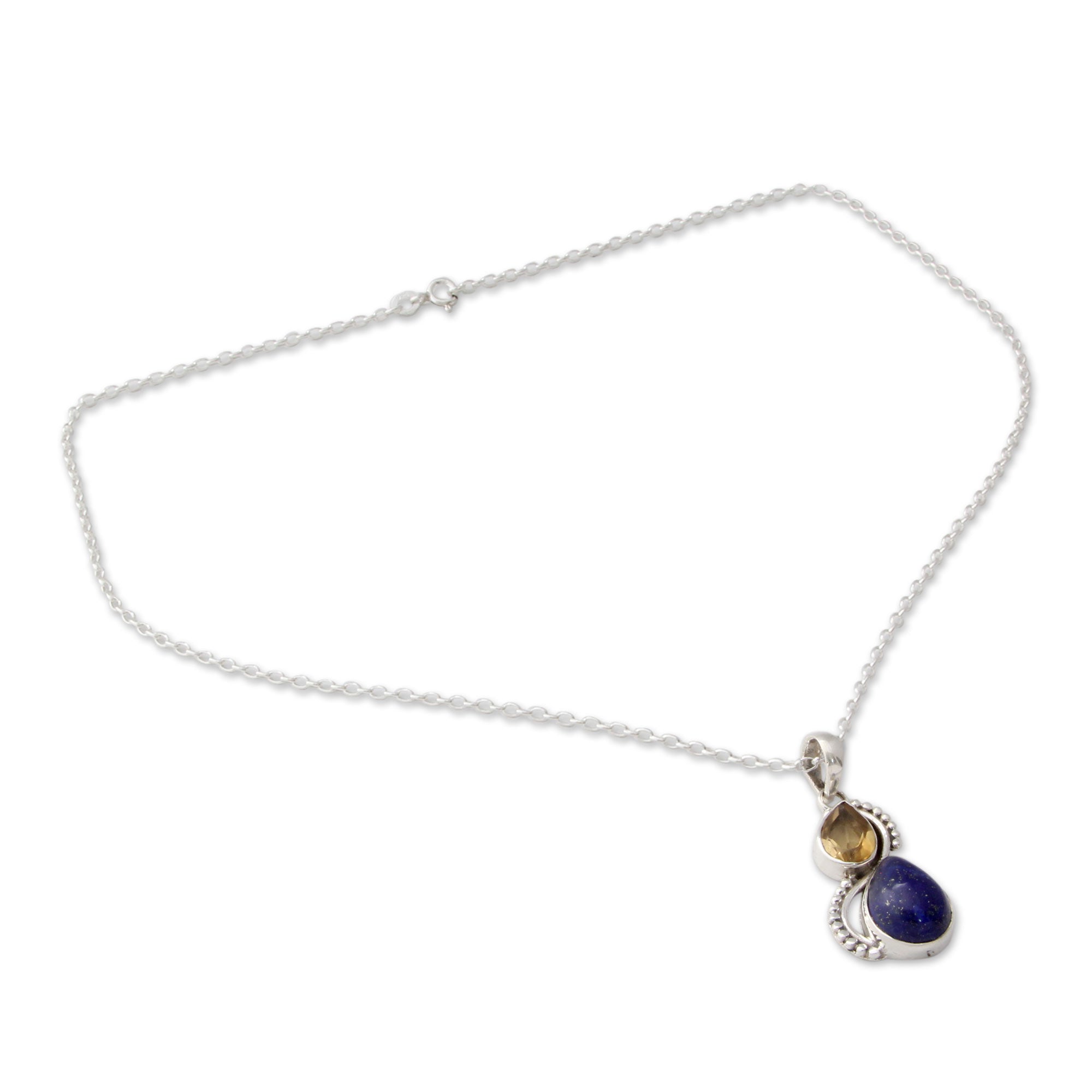 Premium Two Teardrops Citrine & Lapis Lazuli Necklace