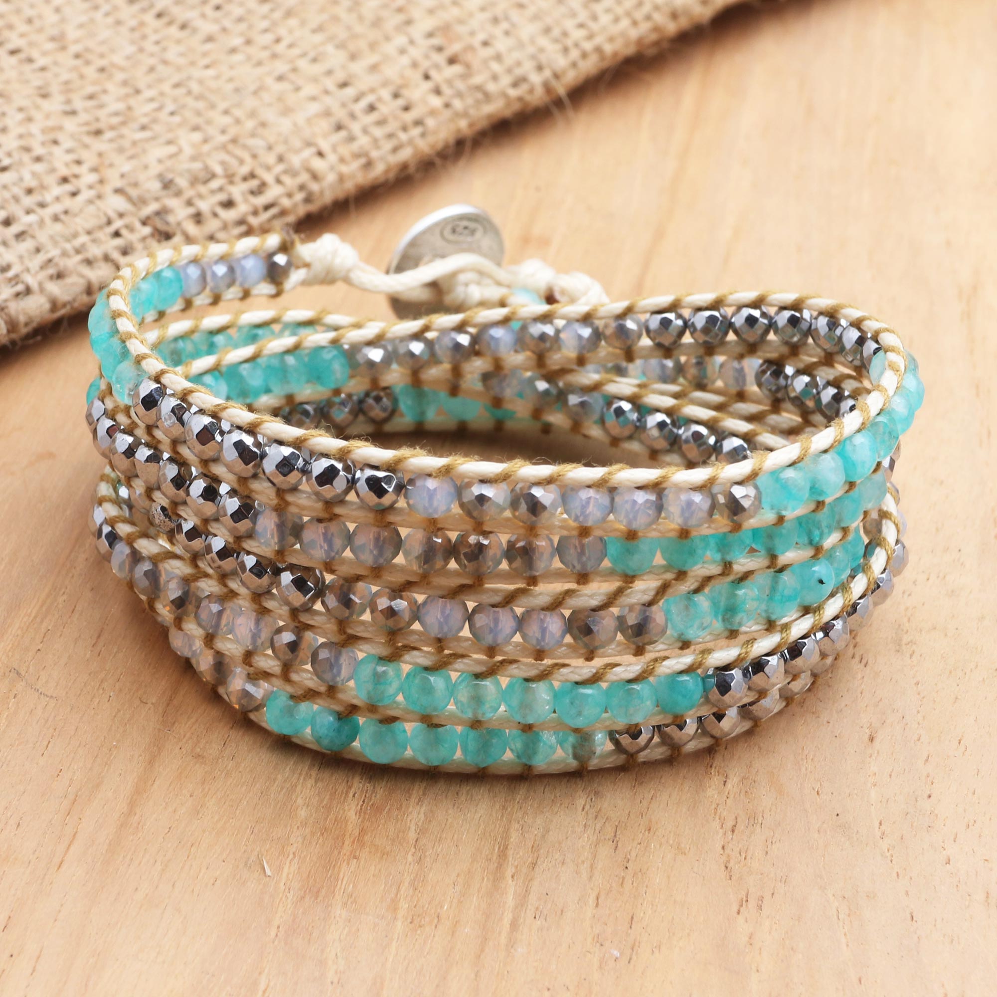 Premium Handmade Amazonite & Hematite Wrap Bracelet – Sterling Silver Clasp