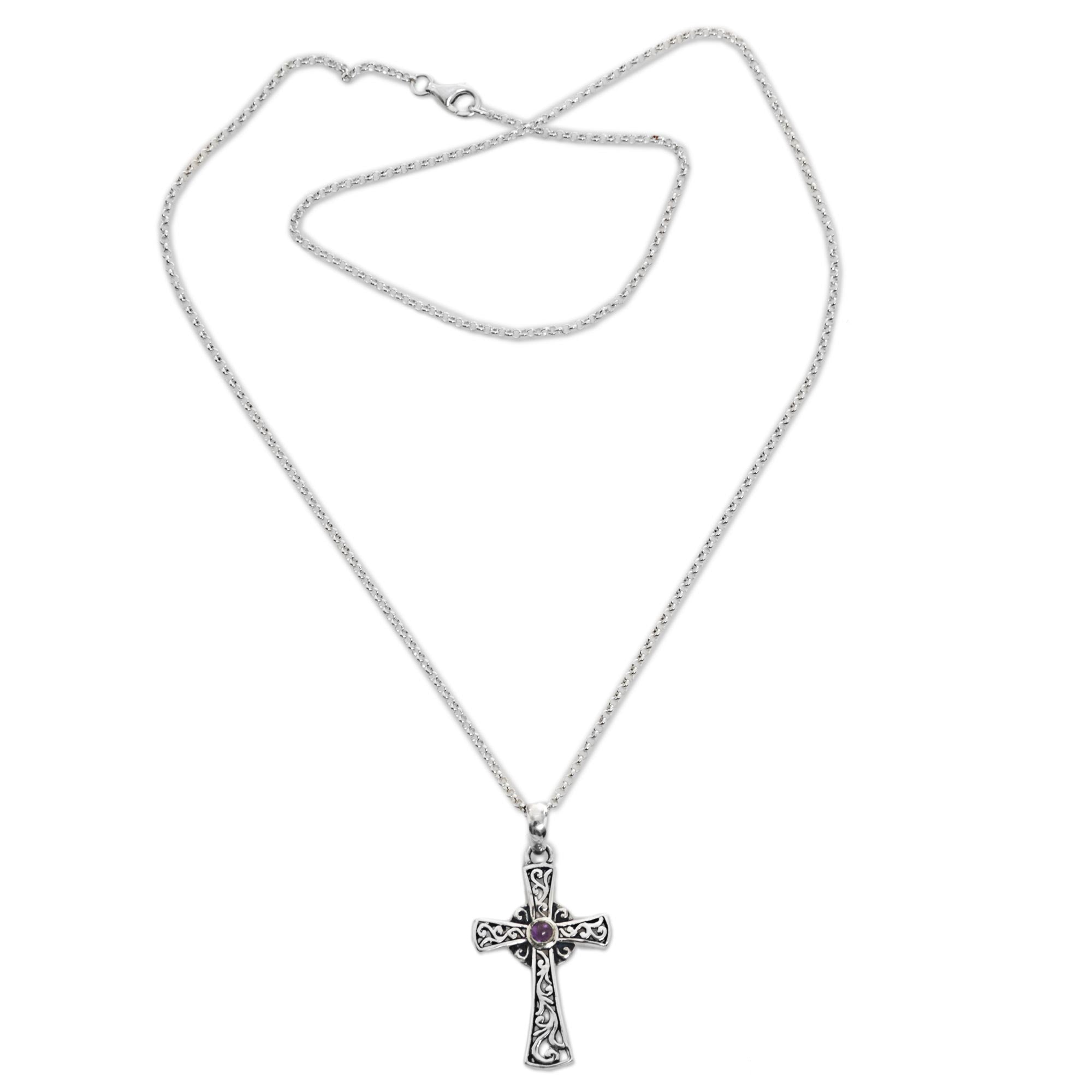 Premium Sterling Silver Amethyst Cross Pendant Necklace - Handcrafted in Indonesia