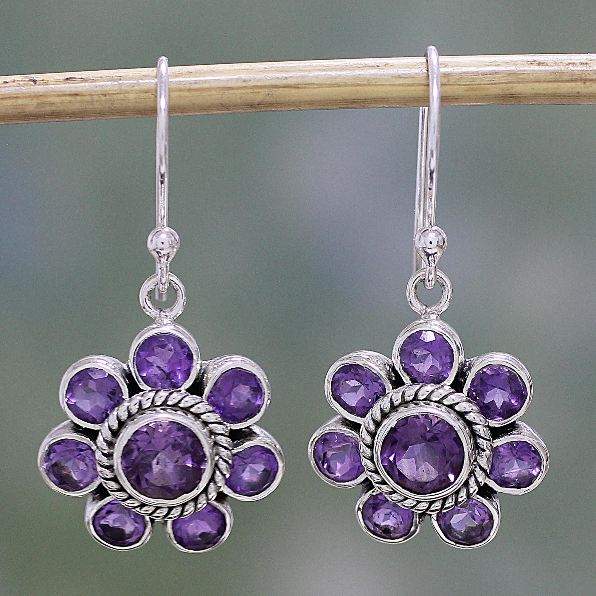 Premium Morning Glitter Amethyst Dangle Earrings - Handcrafted Sterling Silver Jewelry from India