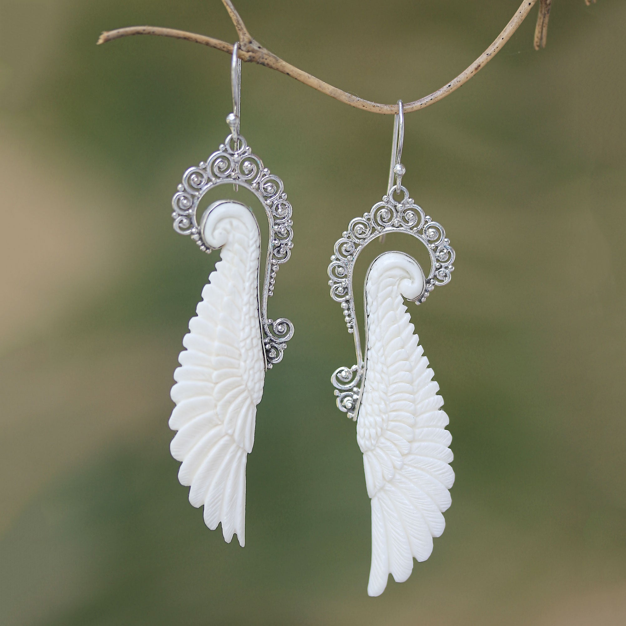 Premium Handcrafted Sterling Silver & Bone Wing Dangle Earrings - Bali Artisan Collection