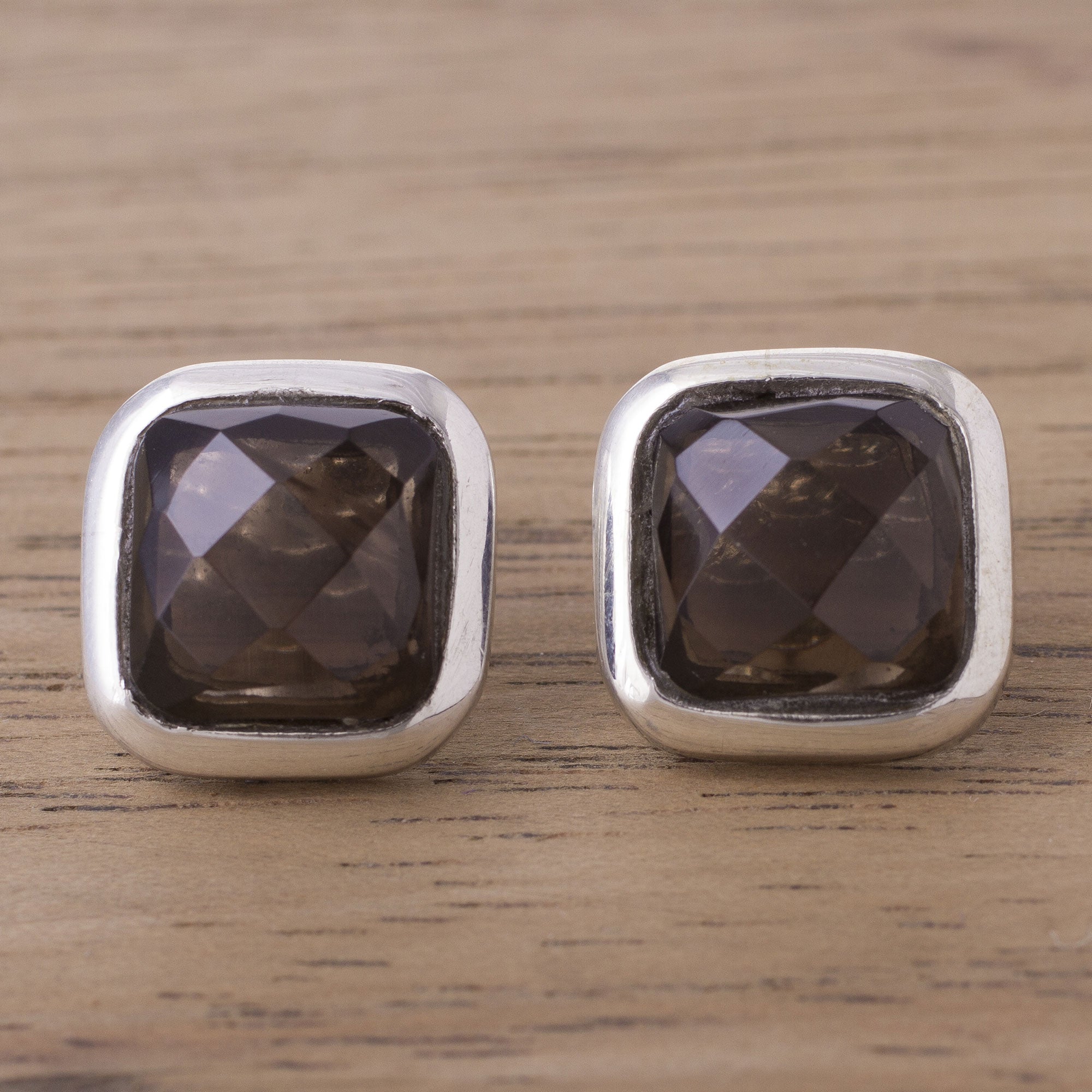 Premium Square Smoky Quartz Button Earrings - Handcrafted in Peru