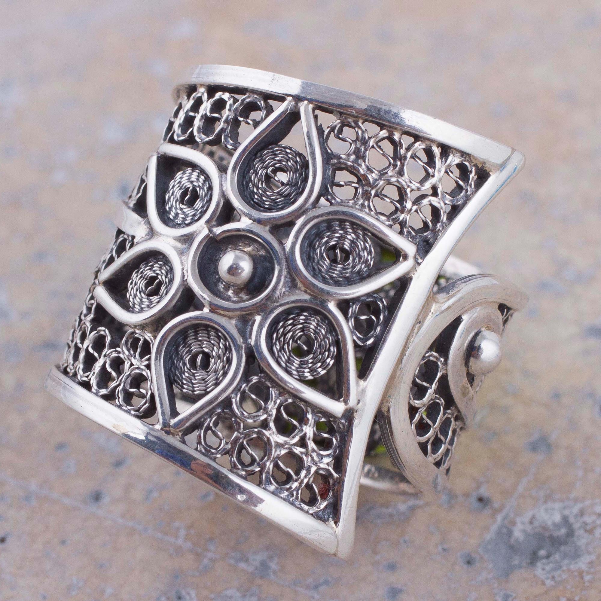 Premium Sterling Silver Floral Filigree Band Ring - Handcrafted in Peru