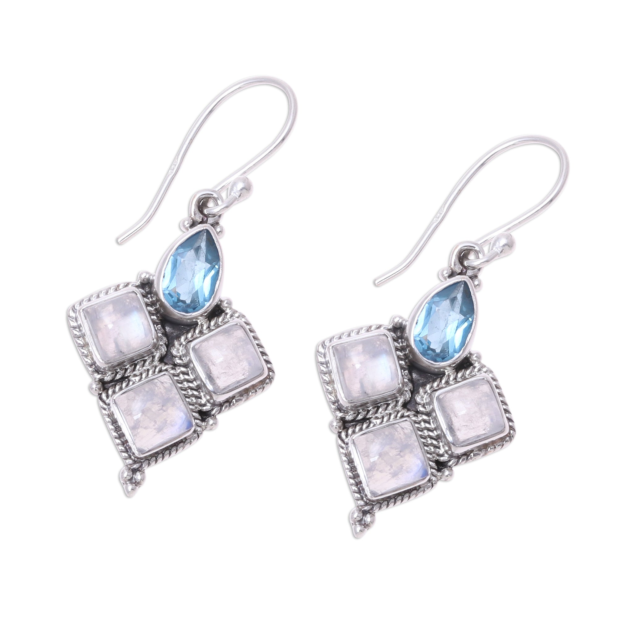 Premium Rainbow Moonstone & Blue Topaz Dangle Earrings - Handcrafted Sterling Silver Jewelry