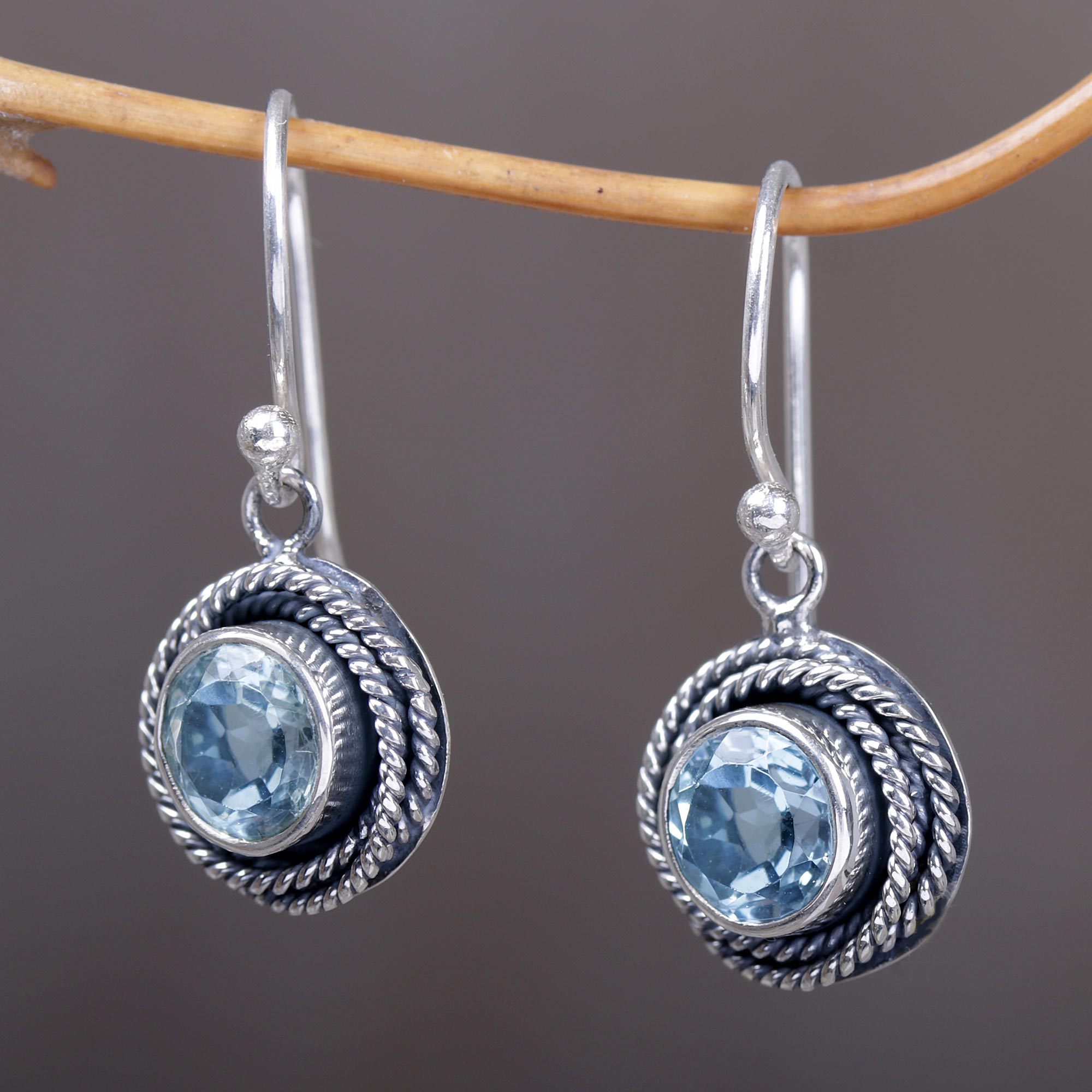 Premium Blue Topaz Dangle Earrings with Sterling Silver Rope Design