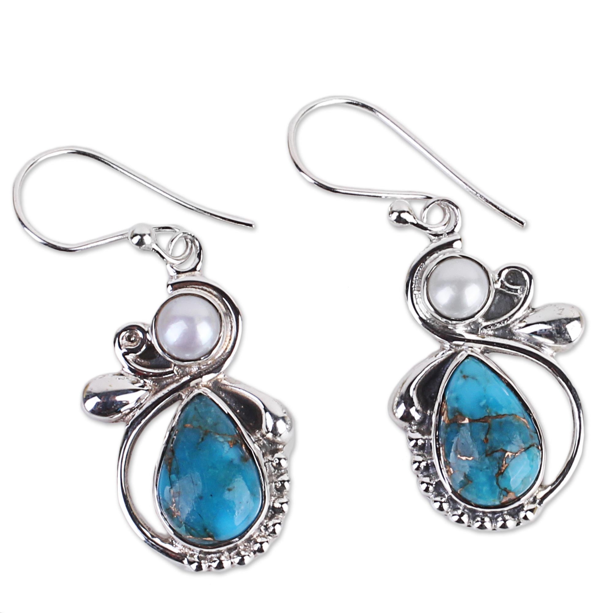 Premium Joyous Blue Sky Earrings – 925 Silver with Cultured Pearl & Turquoise