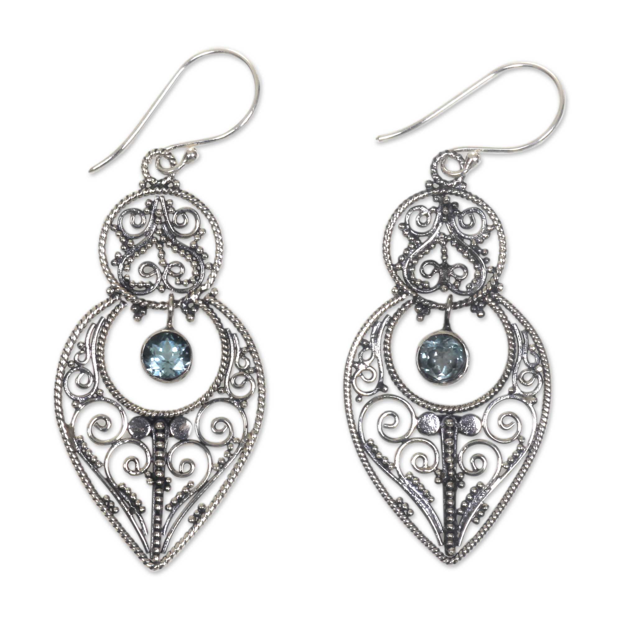 Premium Majapahit Blue Topaz Sterling Silver Dangle Earrings – Handcrafted in Bali