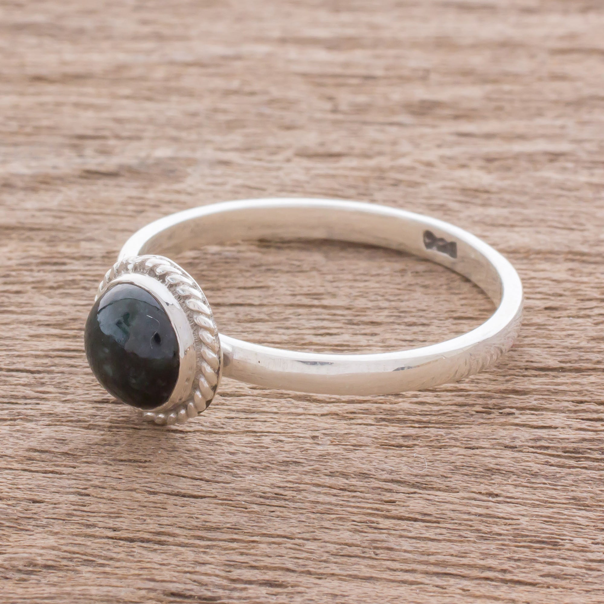 Premium Ancient Circle Dark Green Jade Solitaire Ring - Handcrafted in Guatemala