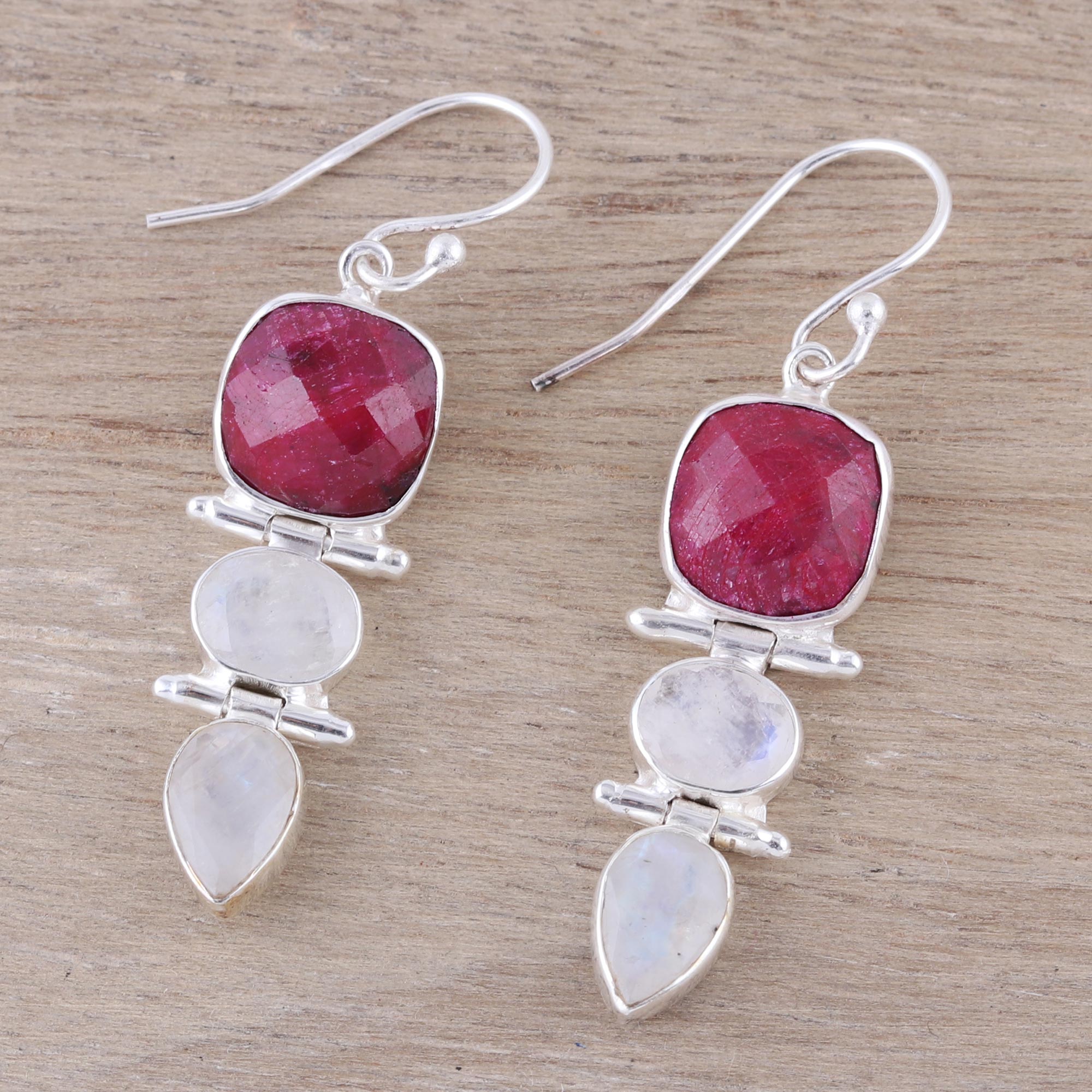 Premium Glittering Muse Ruby & Rainbow Moonstone Dangle Earrings – Handcrafted in India