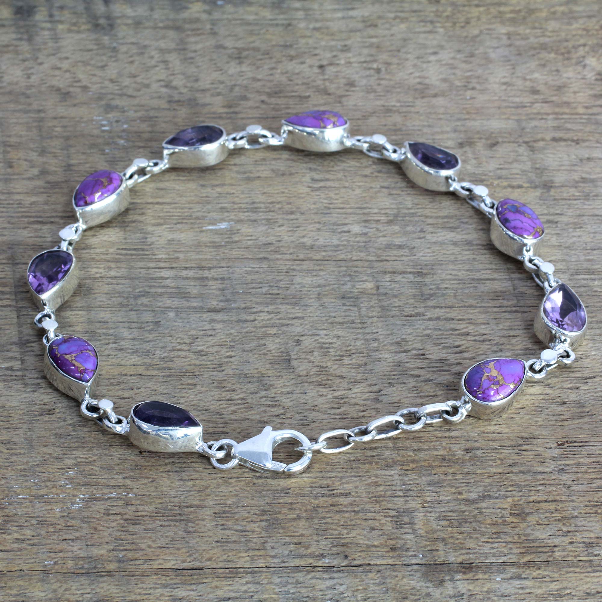 Premium Amethyst & Turquoise Sterling Silver Bracelet | Handcrafted in India