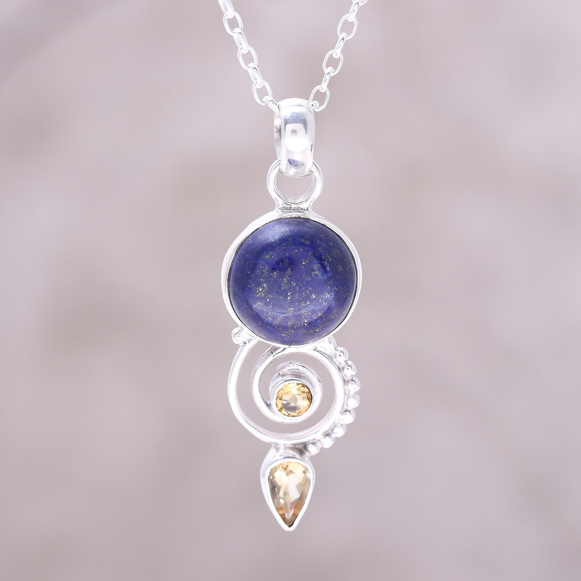 Premium Spiral Citrine & Lapis Lazuli Necklace – Handcrafted Sterling Silver Jewelry