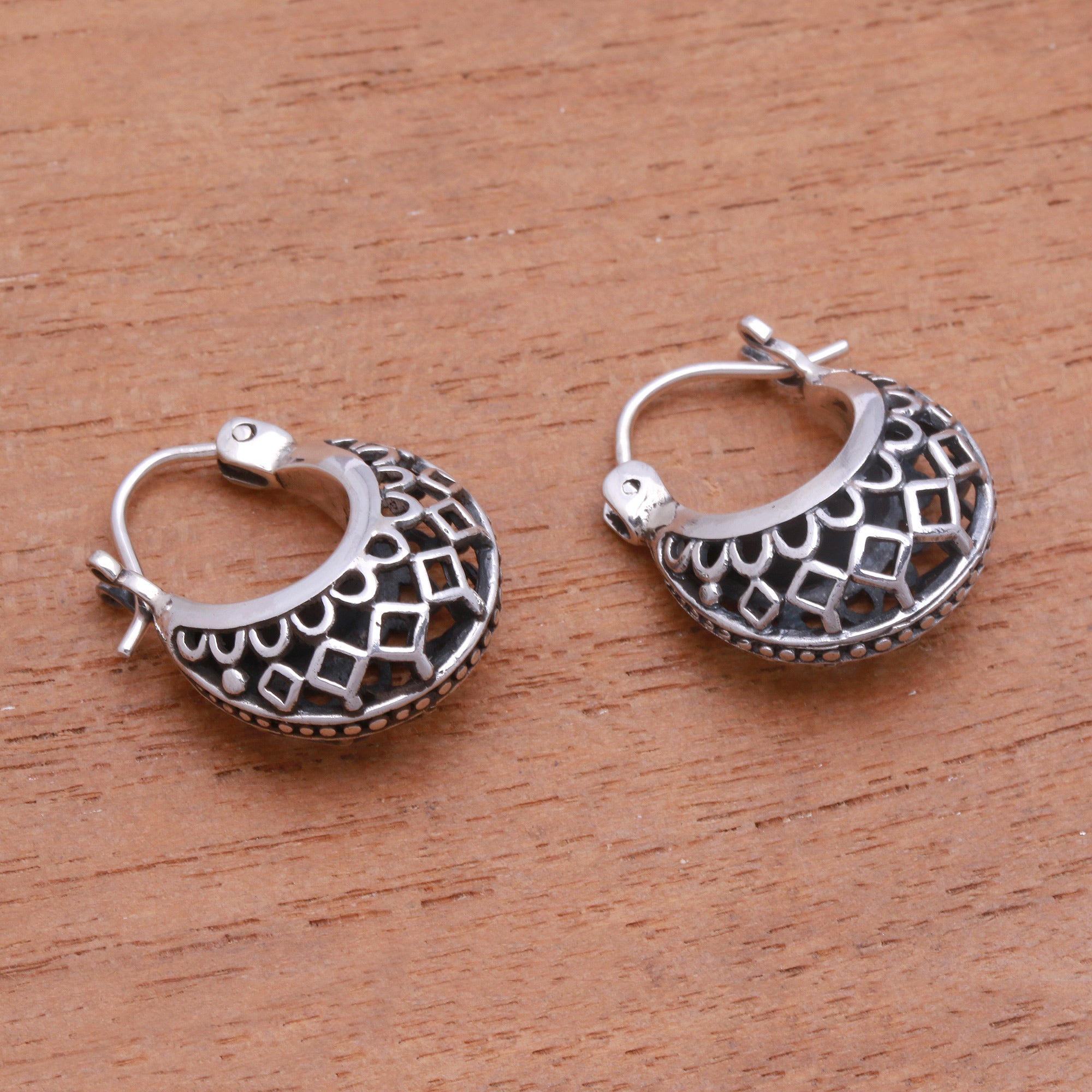 Premium Curved Elegance Openwork Sterling Silver Hoop Earrings - Handcrafted in Bali