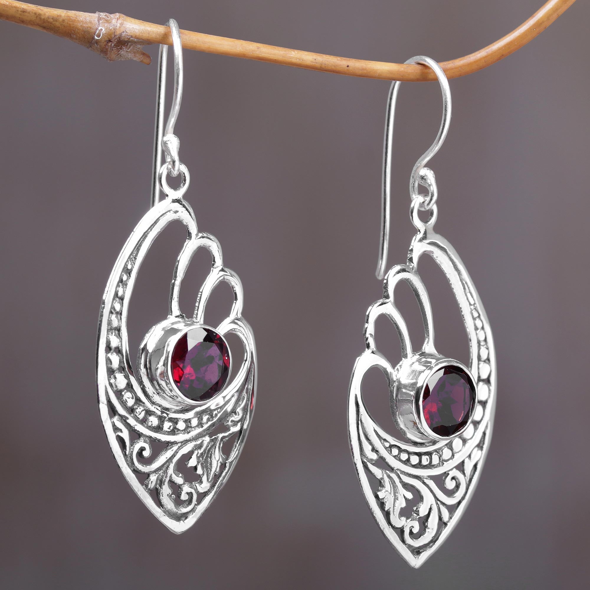 Premium 2 Carats Garnet & Sterling Silver Balinese Artisan Earrings