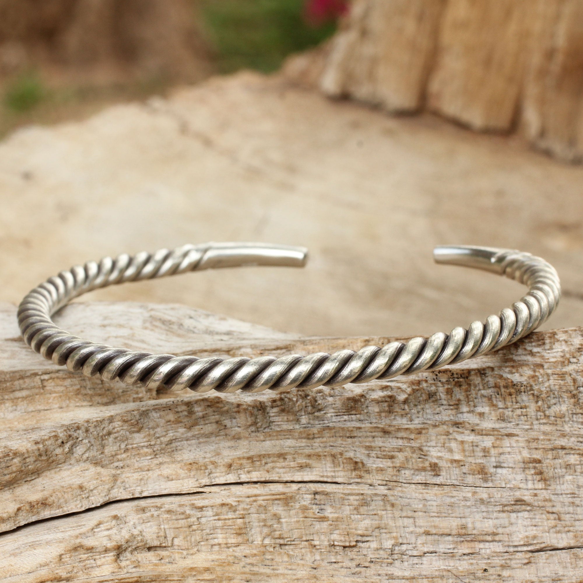 Premium Thai Swirl Sterling Silver Men's Twist Cuff Bracelet - Handcrafted Elegance