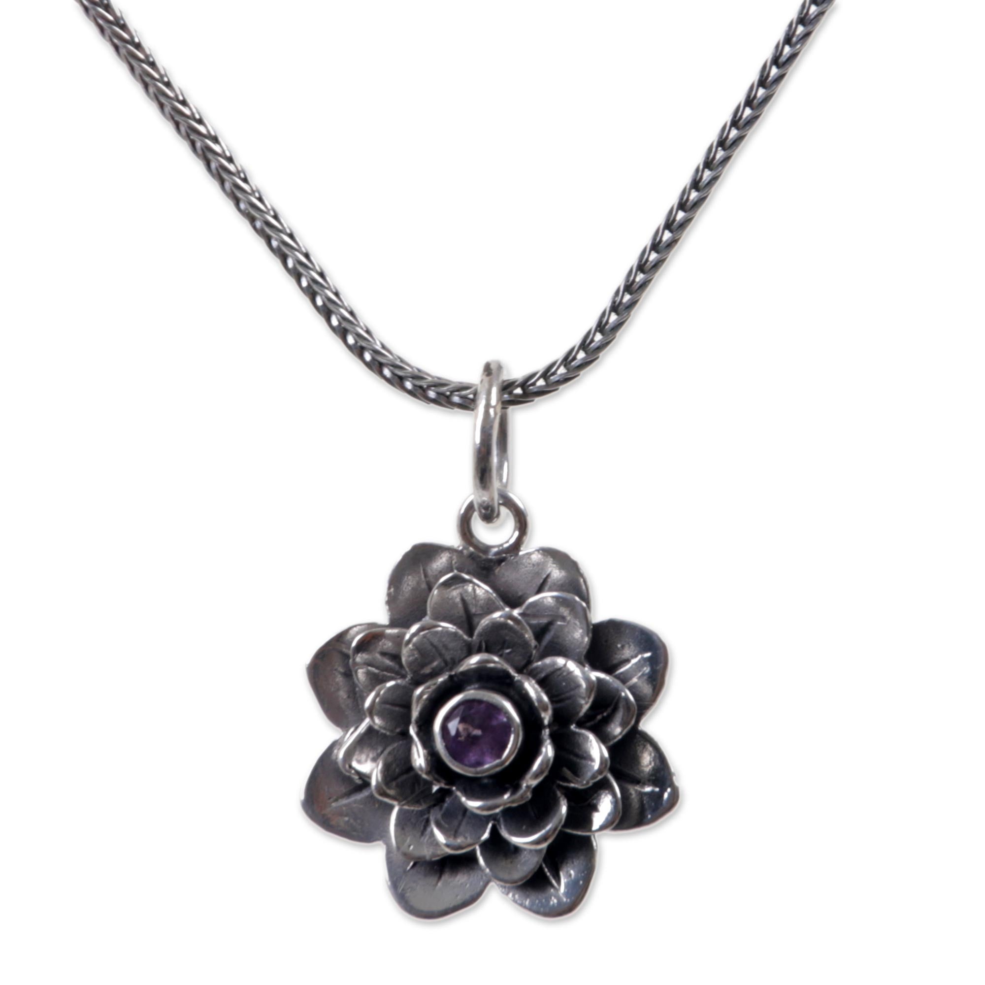 Premium Sacred Lilac Lotus Pendant Necklace - Handmade Sterling Silver & Amethyst