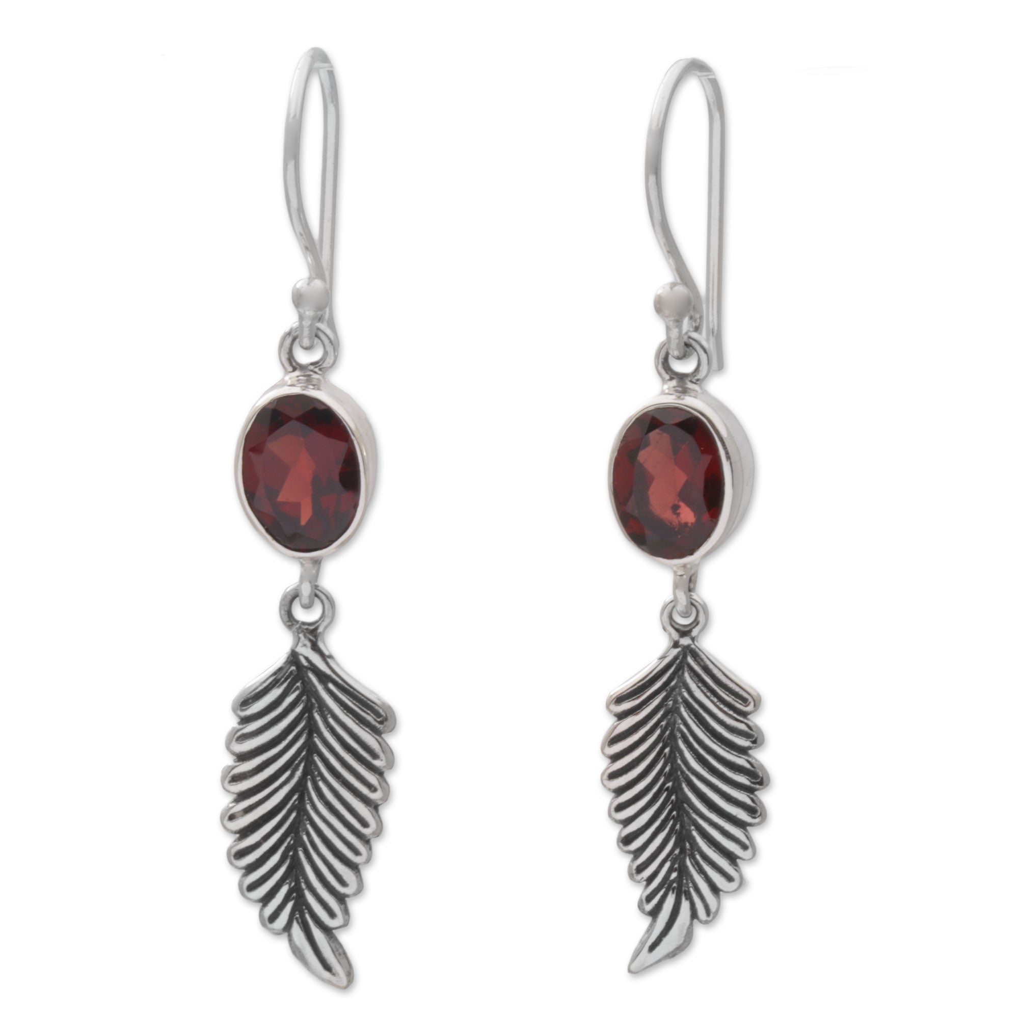 Premium Passionate Hope Balinese 925 Sterling Silver Feather Earrings with Garnet Gemstones