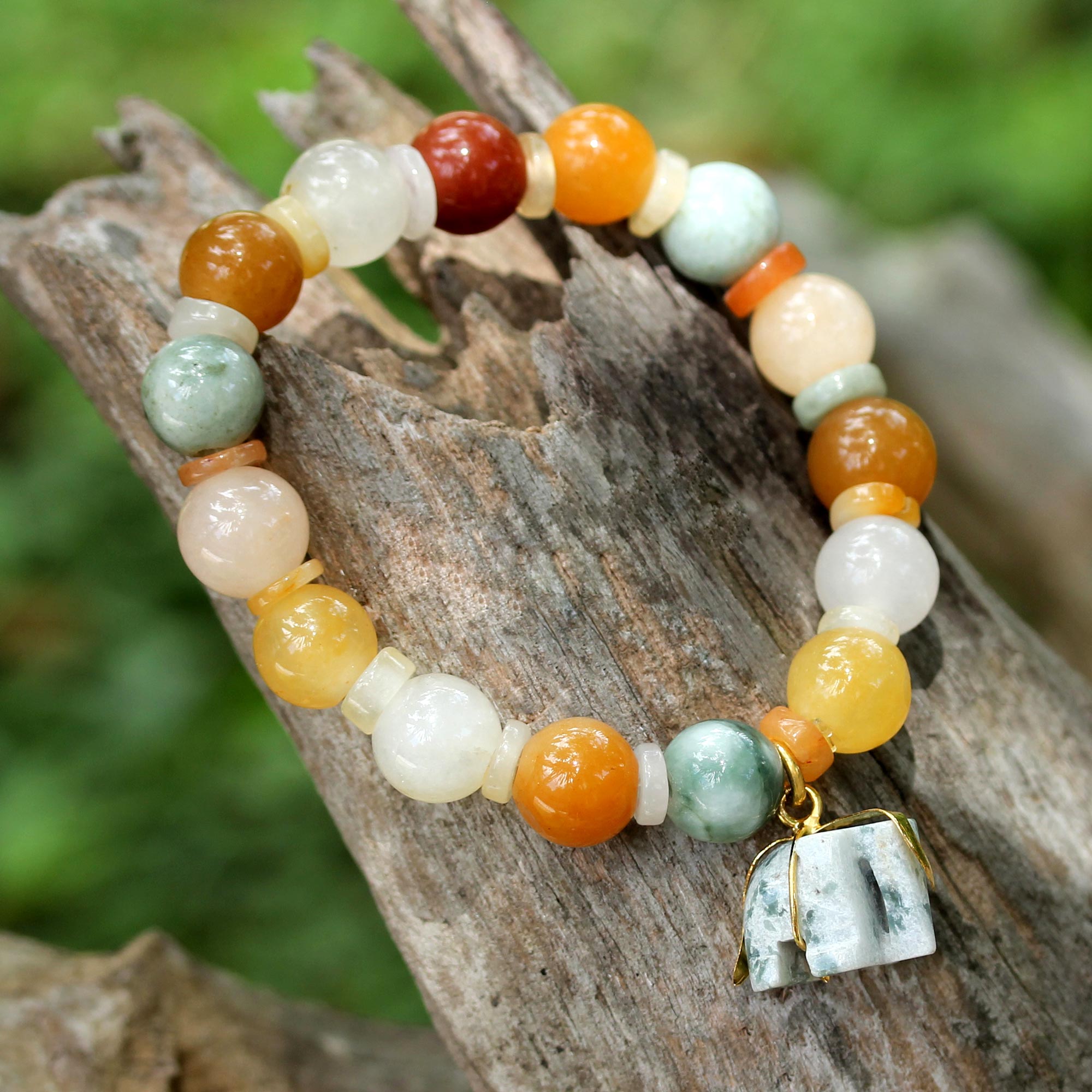 Premium Elephant Memory Beaded Bracelet - Handcrafted Jade & Gold