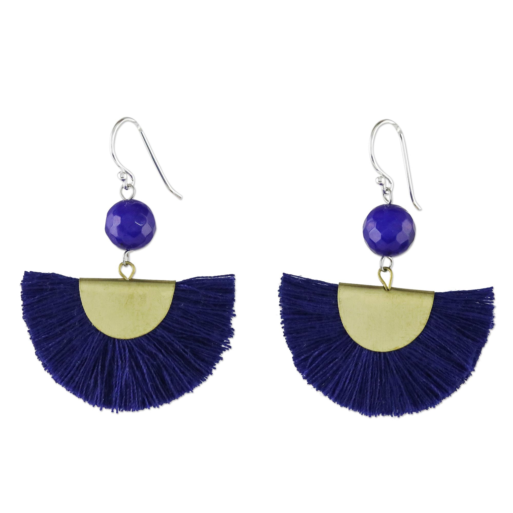 Premium Ultramarine Quartz & Brass Dangle Earrings with Cotton Fringe