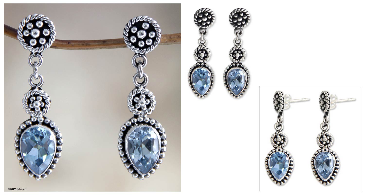 Premium Balinese Jackfruit Blue Topaz Earrings - Handmade Sterling Silver Jewelry