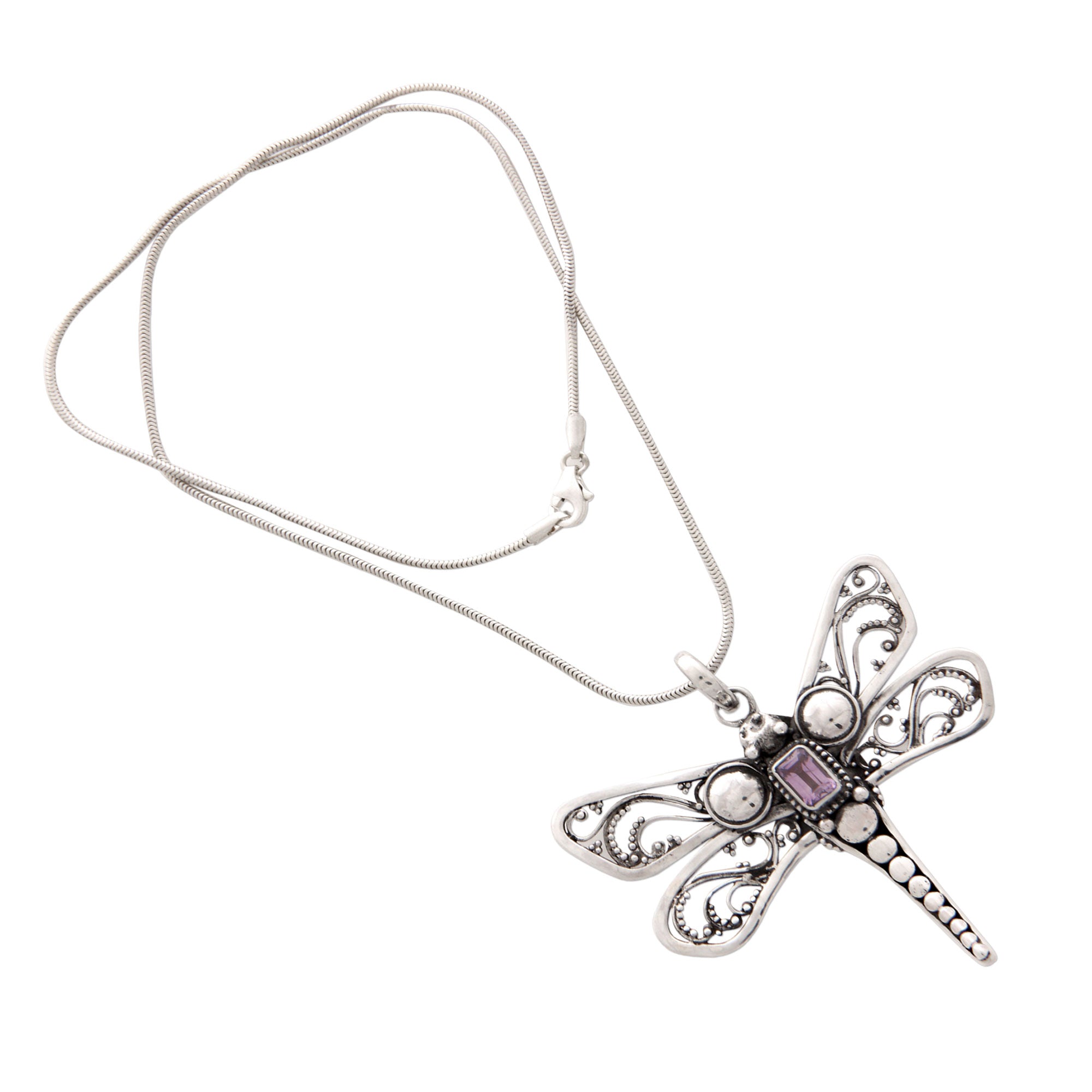 Premium Lavender Dragonfly Amethyst Sterling Silver Necklace - Handmade in Bali