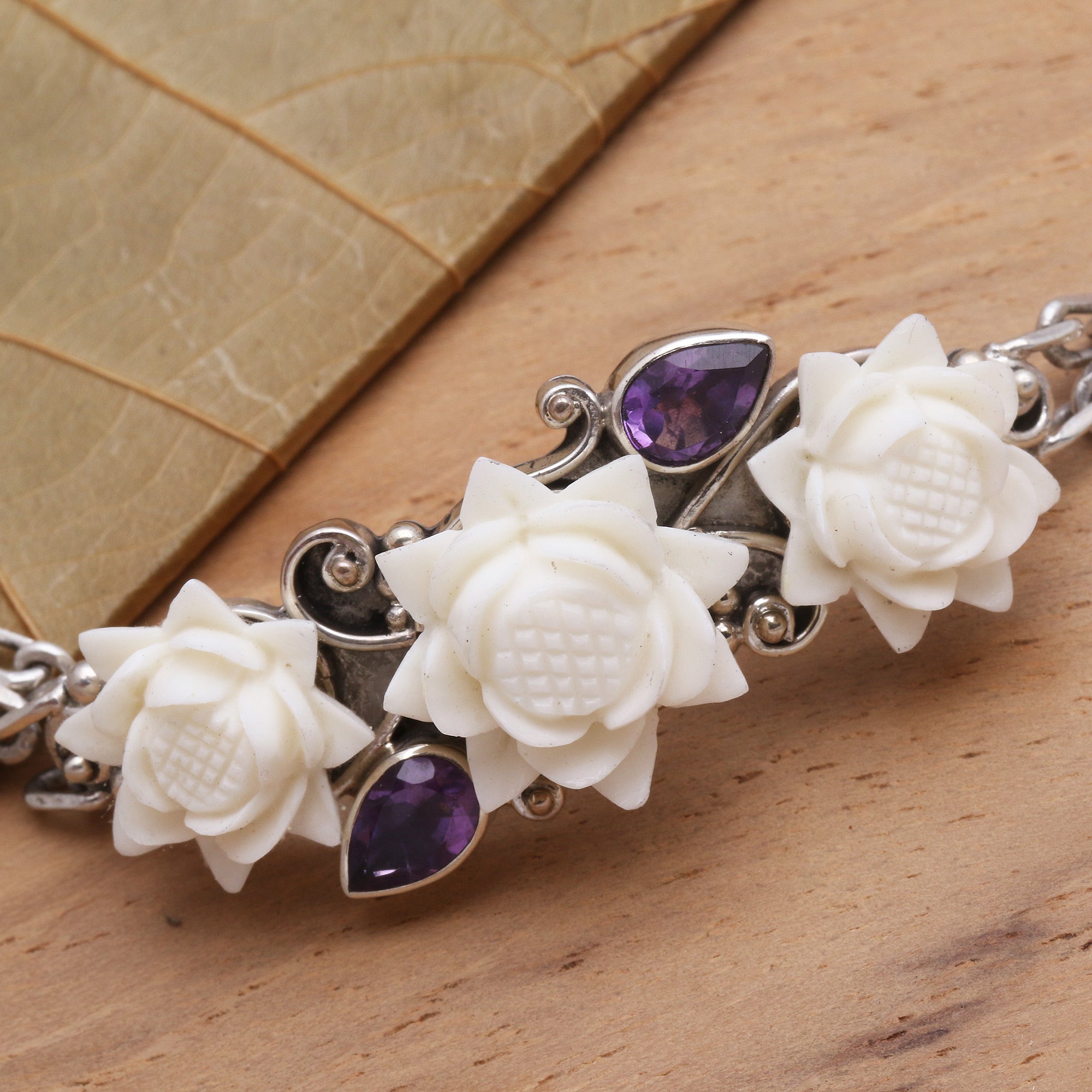 Premium Ivory Lotus Bracelet - Handcrafted Silver & Amethyst with Bone Flowers