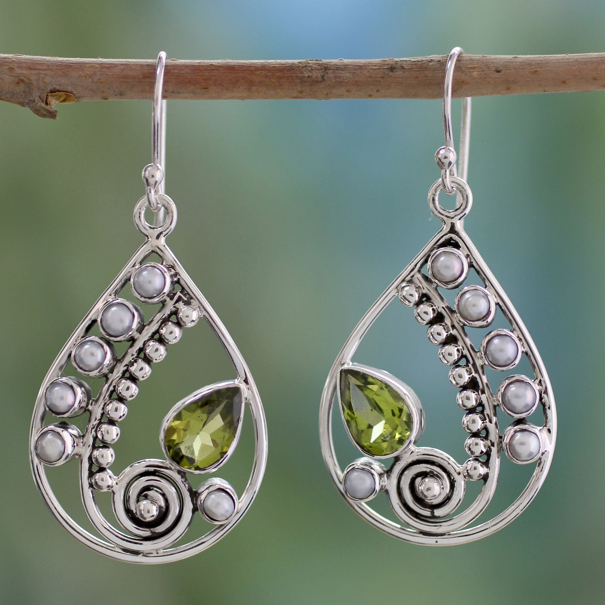 Premium Paisley Pearl & Peridot Earrings - Sterling Silver Jewelry