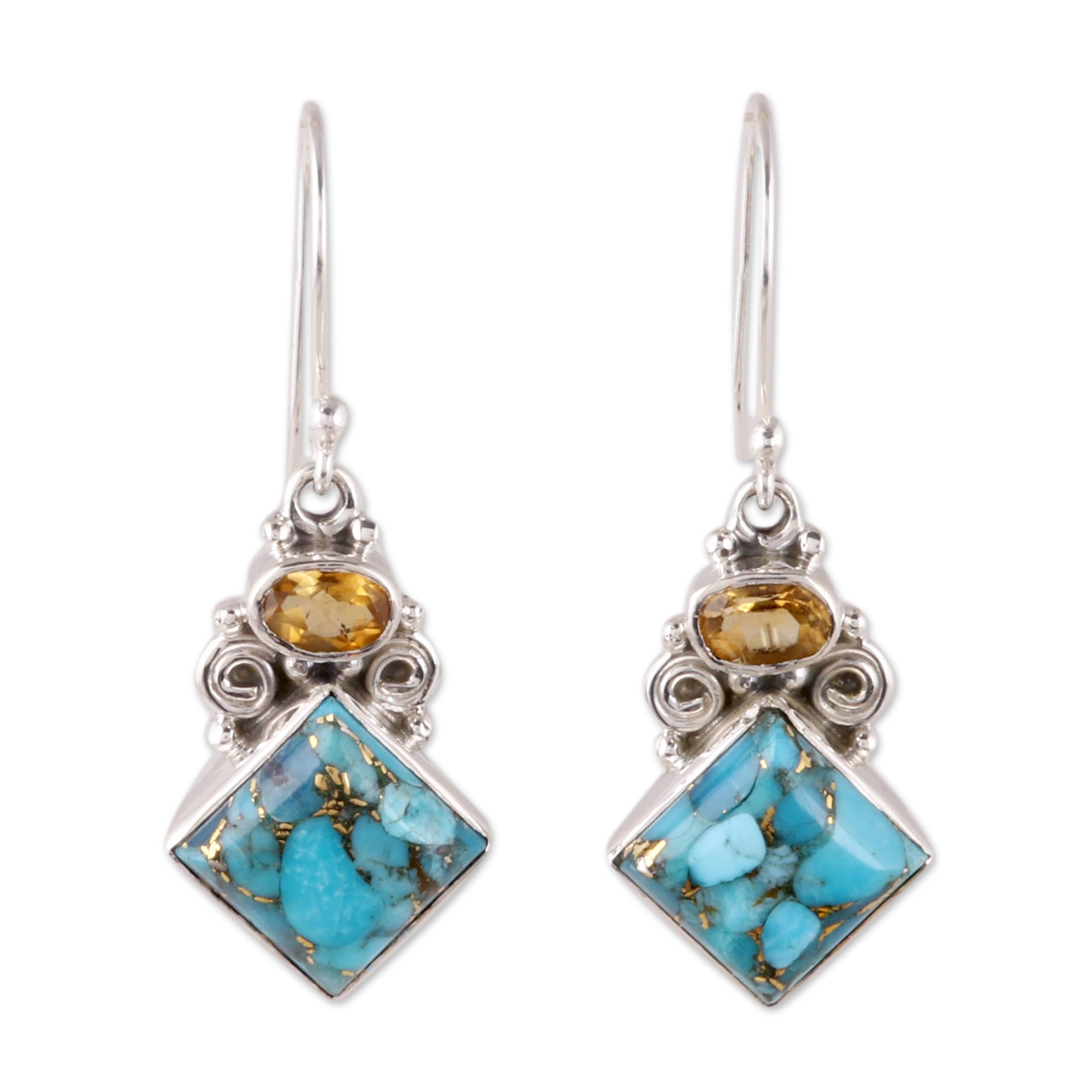 Premium Sky Fragments Citrine & Turquoise Dangle Earrings - Handcrafted in India