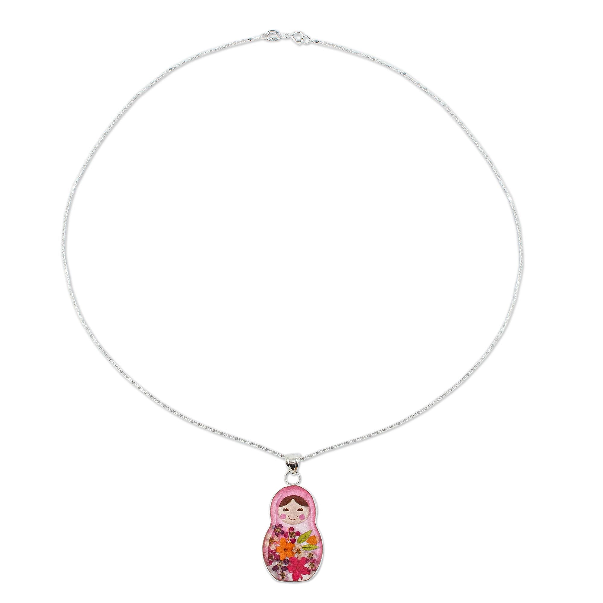 Premium Mexican Matryoshka Pendant Necklace with Natural Flowers - Handcrafted Elegance