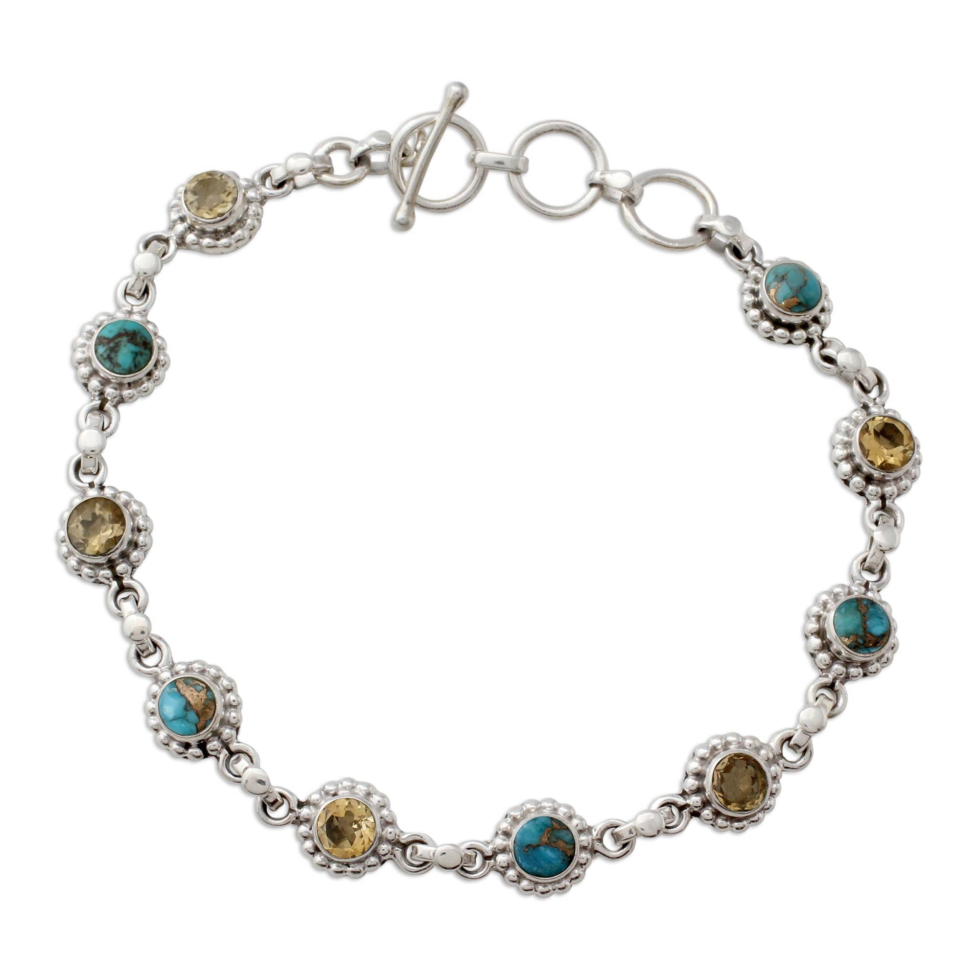 Premium Petite Floral Sterling Silver Bracelet with Citrine & Turquoise