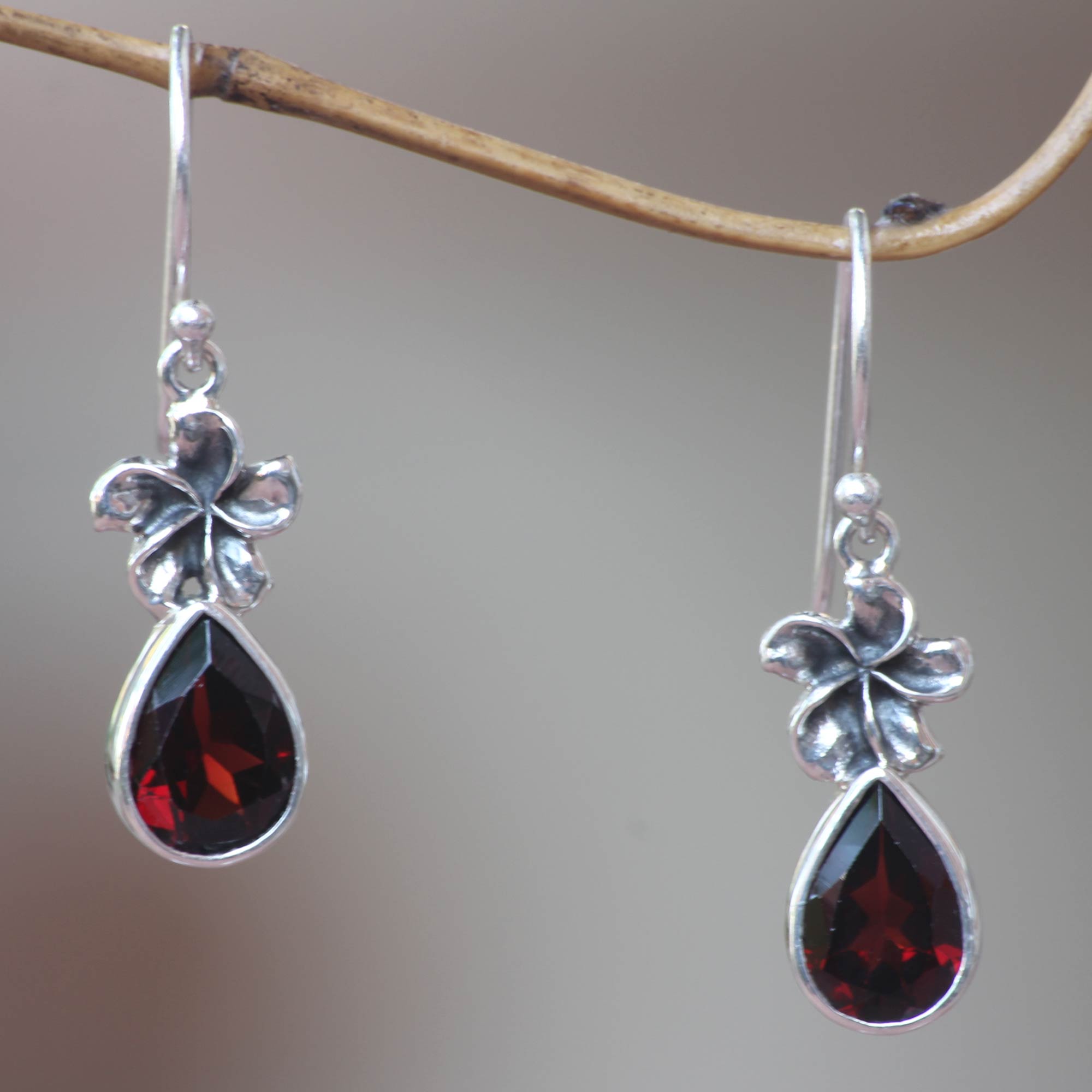 Premium Plumeria Dew Garnet & Silver Dangle Earrings – Handcrafted Elegance