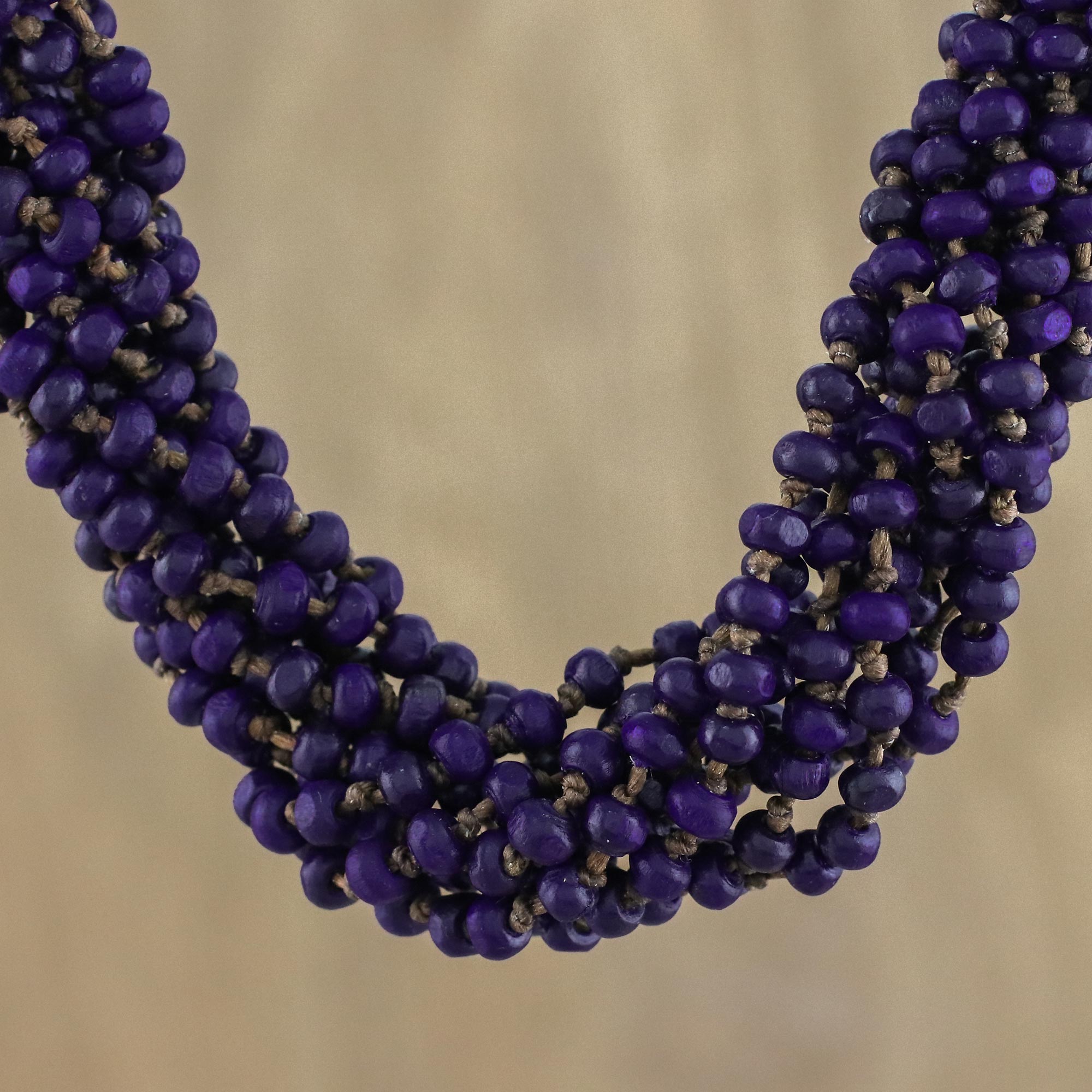 Premium Purple Beaded Wood Torsade Necklace - Handmade in Thailand