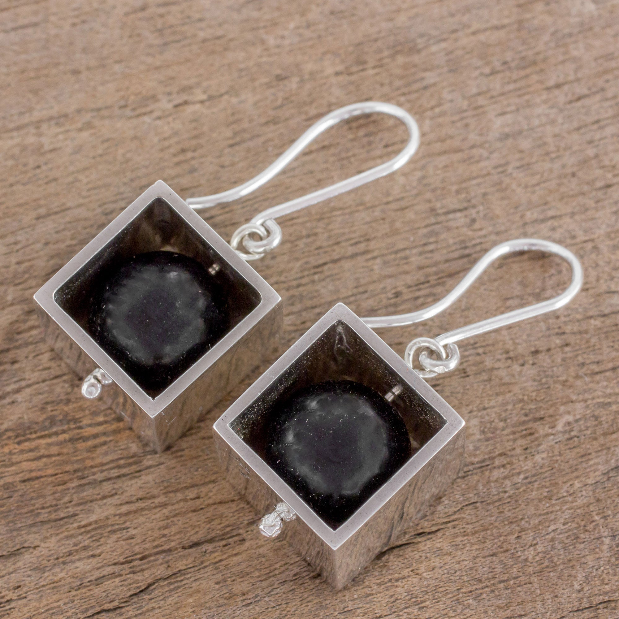 Premium Sterling Silver Square Frame Earrings with Onyx Orb Dangle