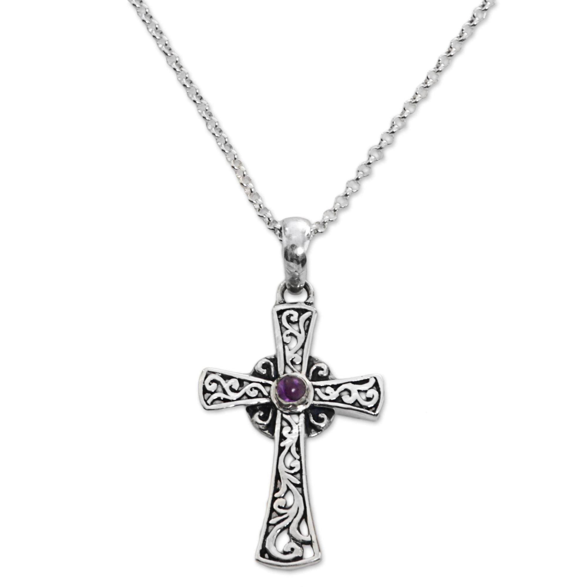 Premium Sterling Silver Amethyst Cross Pendant Necklace - Handcrafted in Indonesia